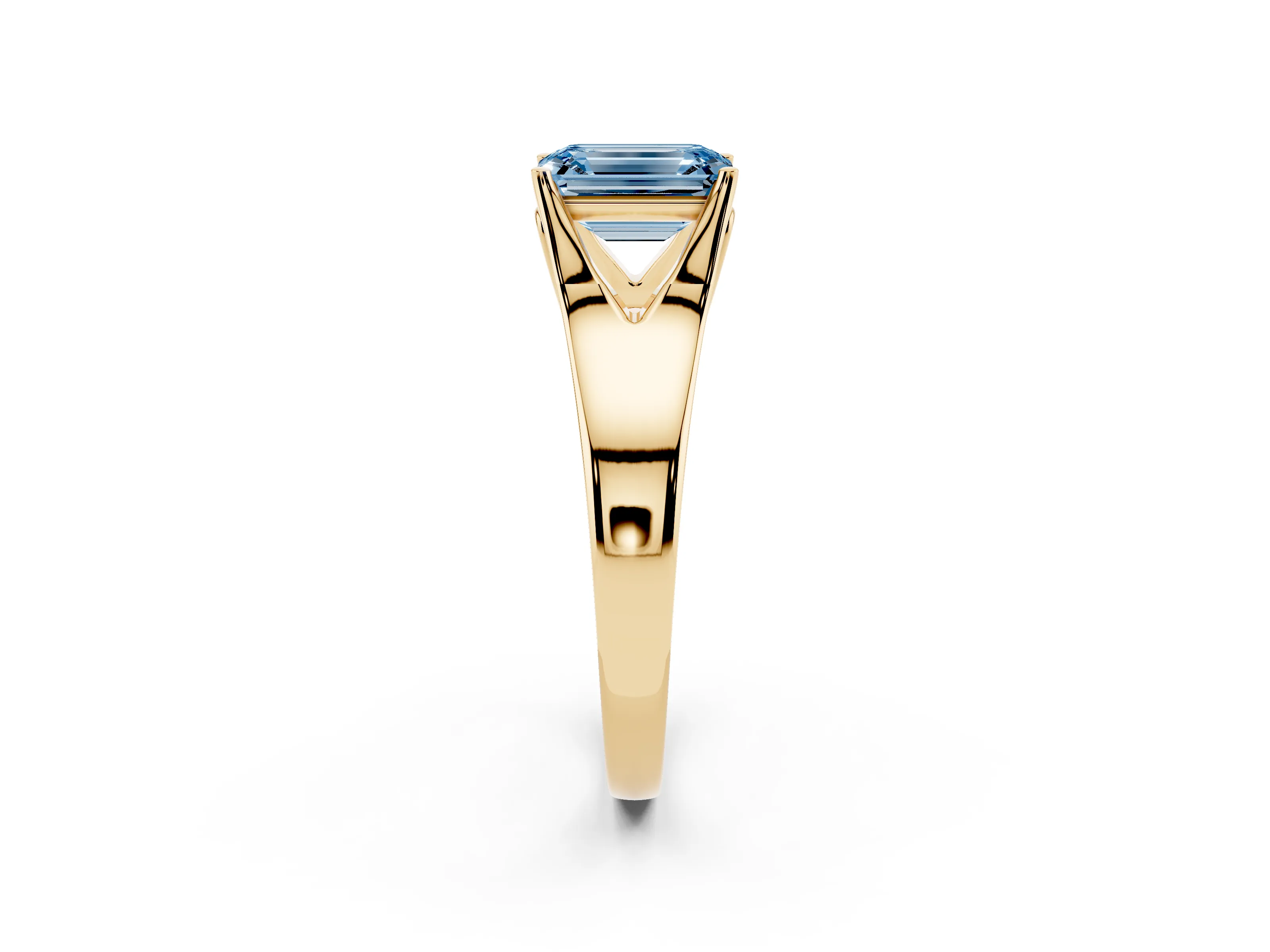 Fancy Blue Emerald Cut Diamond Solitaire Ring Set in Yellow gold with Arched Cathedral Band and Prong Setting