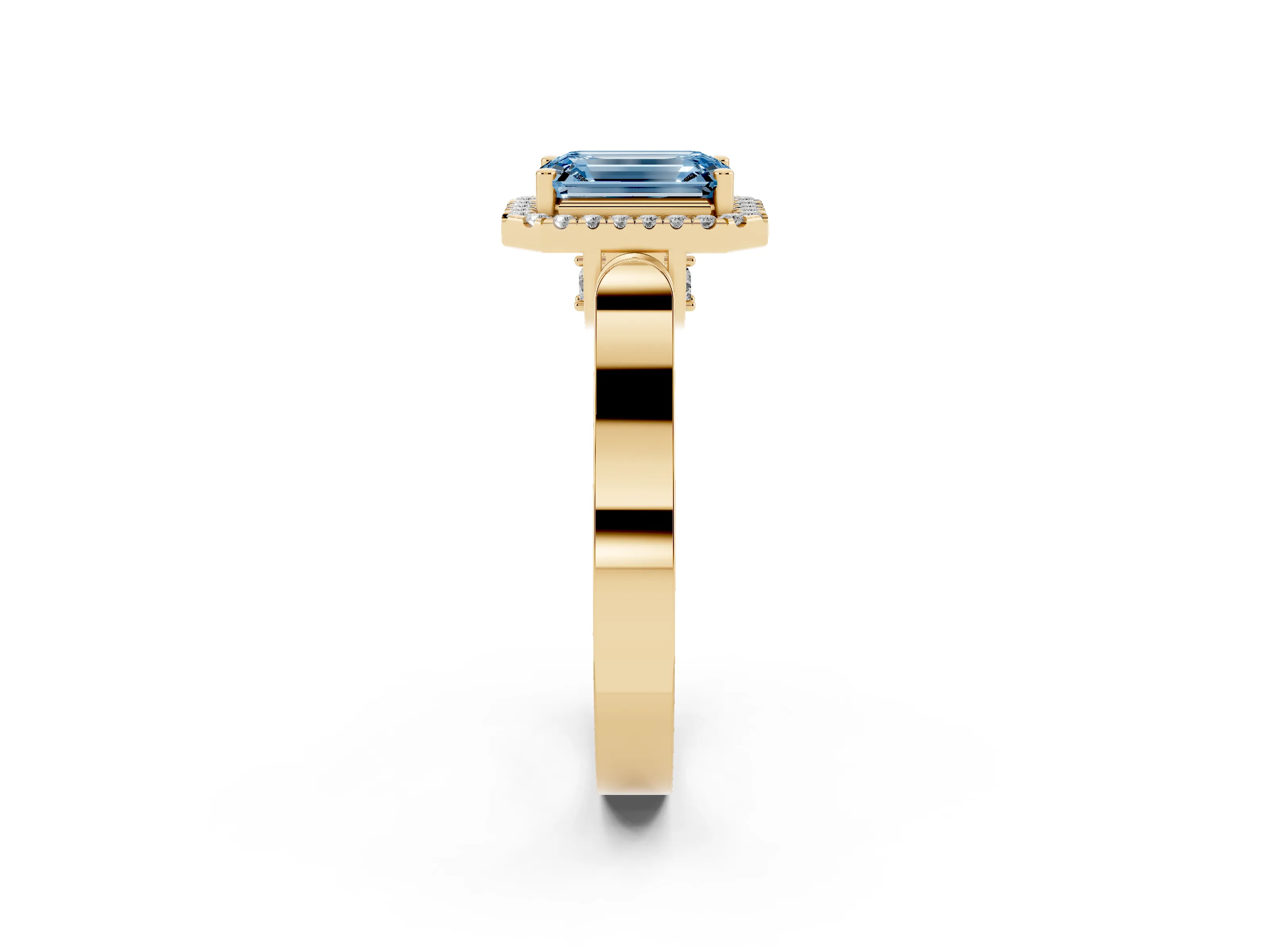Fancy Blue Emerald Cut Diamond Halo Ring Set in Yellow gold with Pavé-Lined Split Shank Band