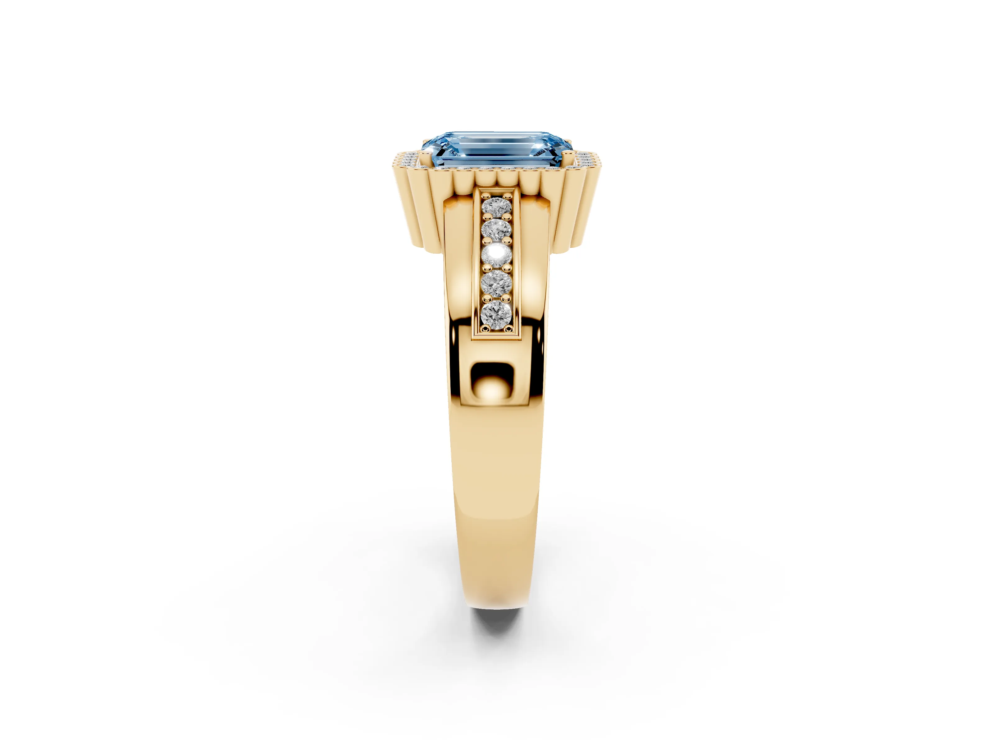 Fancy Blue Emerald Cut Diamond Halo Prong Ring Set in Yellow gold with Pavé Band