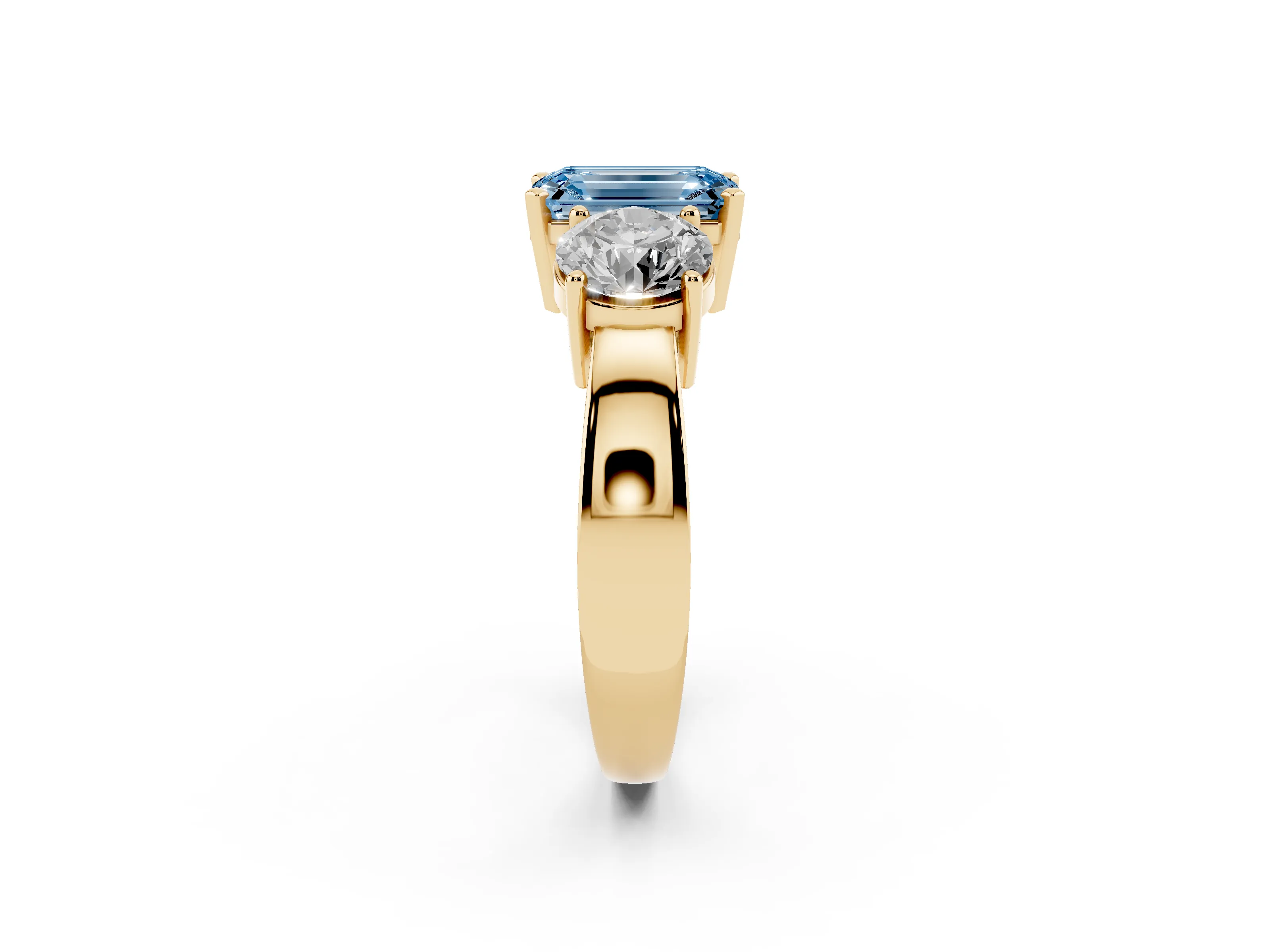 Fancy Blue Emerald Cut Diamond Three-Stone Ring Set in Yellow gold with Round Side Stones and Classic Band