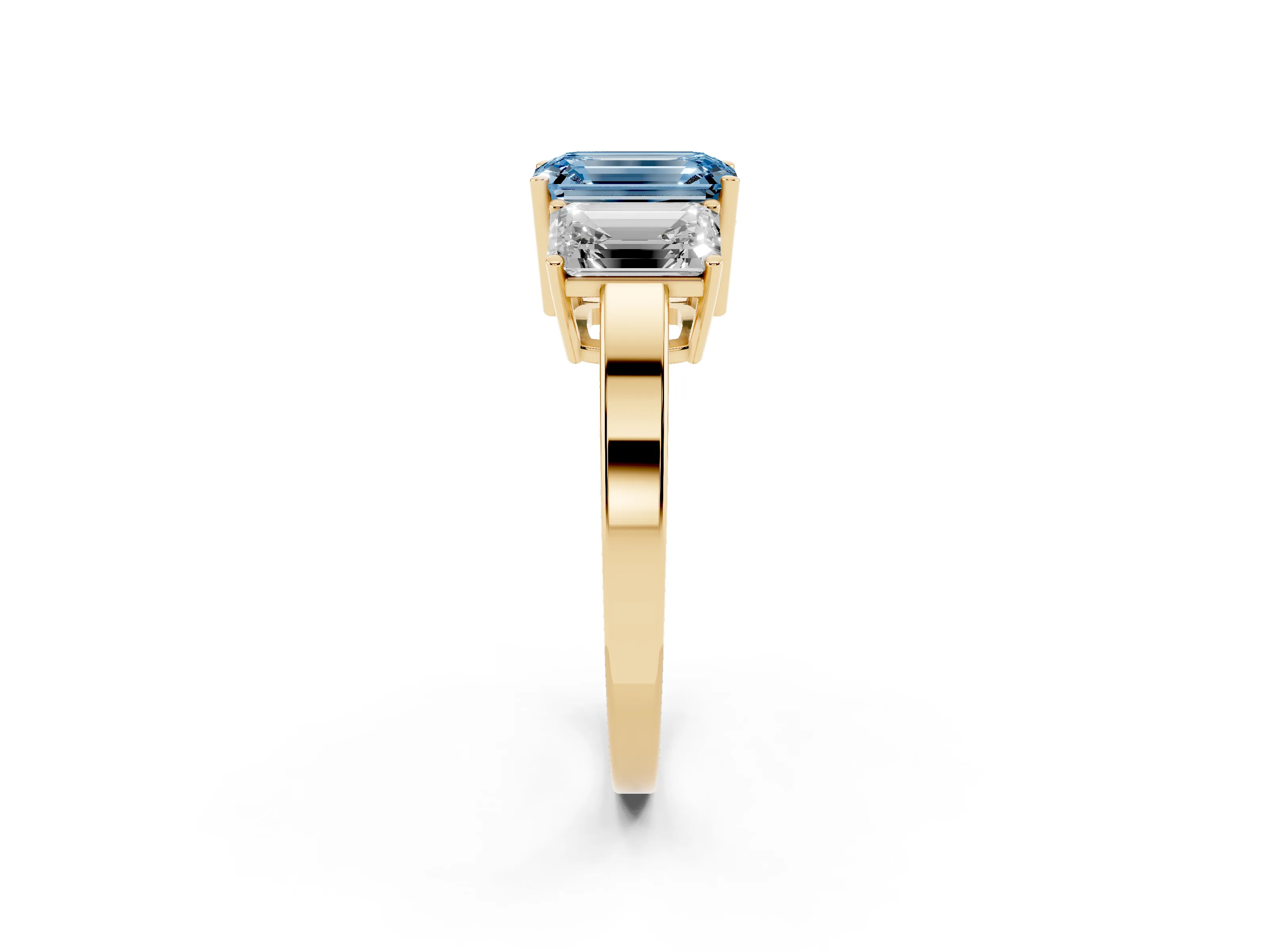 Fancy Blue Emerald Cut Diamond Three-Stone Engagement Ring Set in Yellow gold with Flat Band