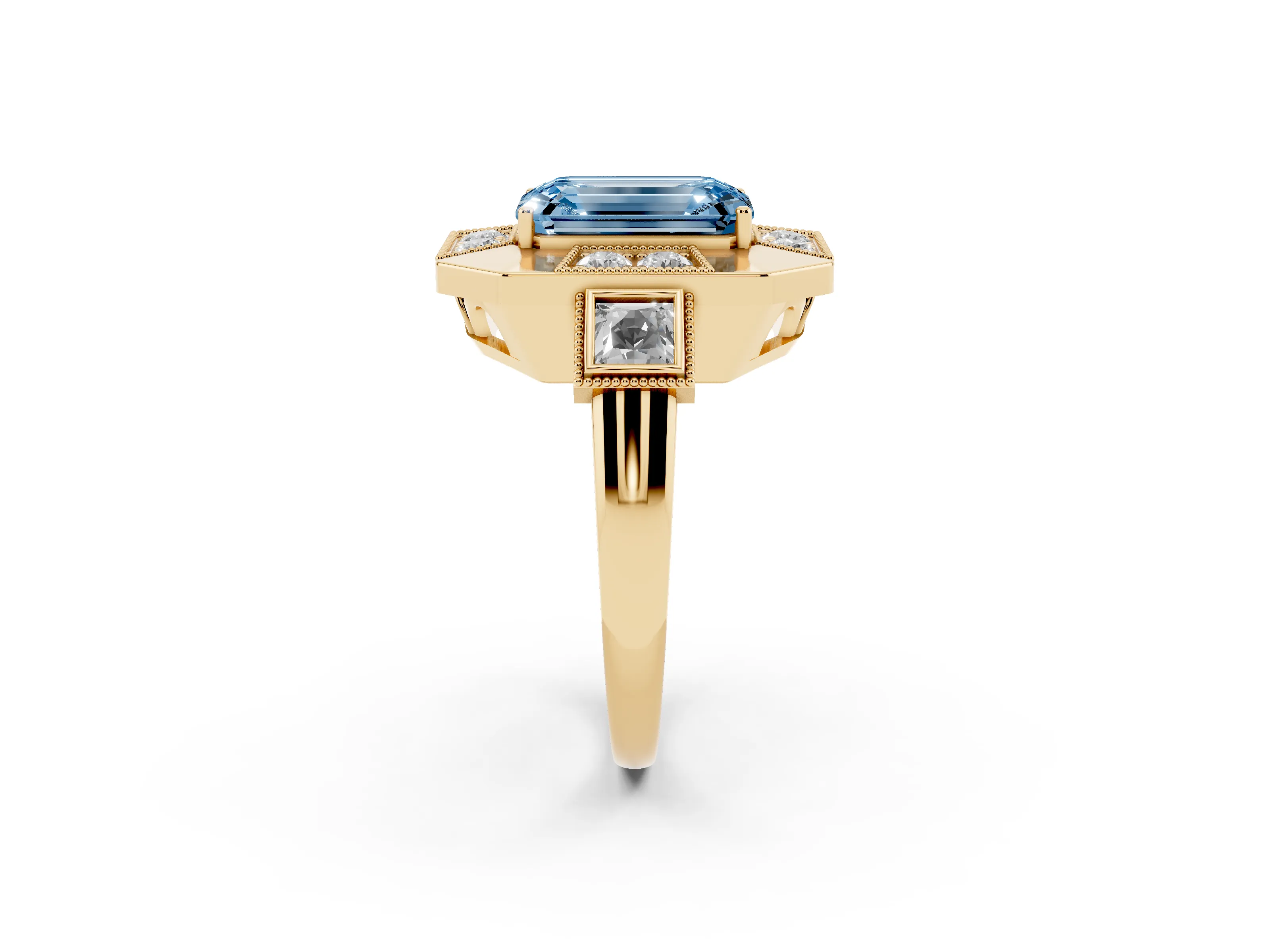 Fancy Blue Emerald Cut Diamond Milgrain Halo Ring Set in Yellow gold with Split Shank