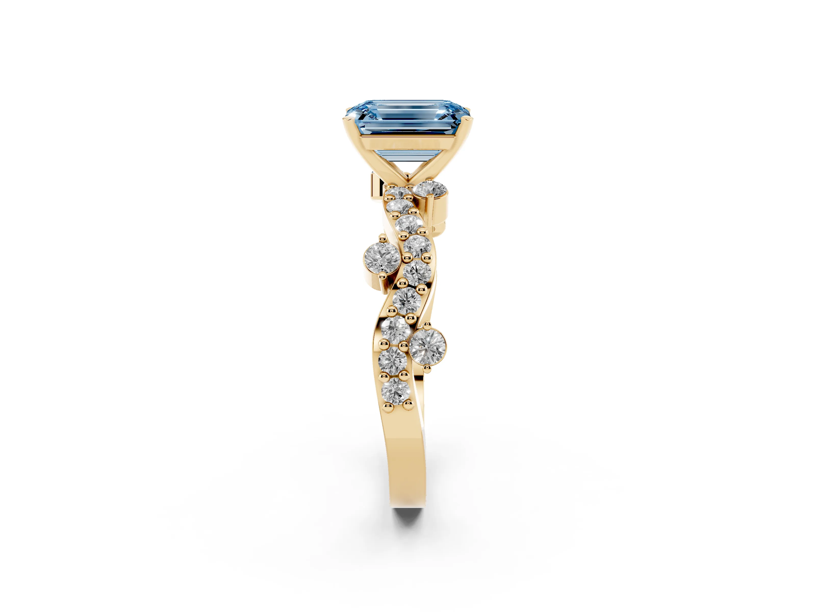 Fancy Blue Emerald Cut Diamond Solitaire Twisted Band Set in Yellow gold with Pavé Setting