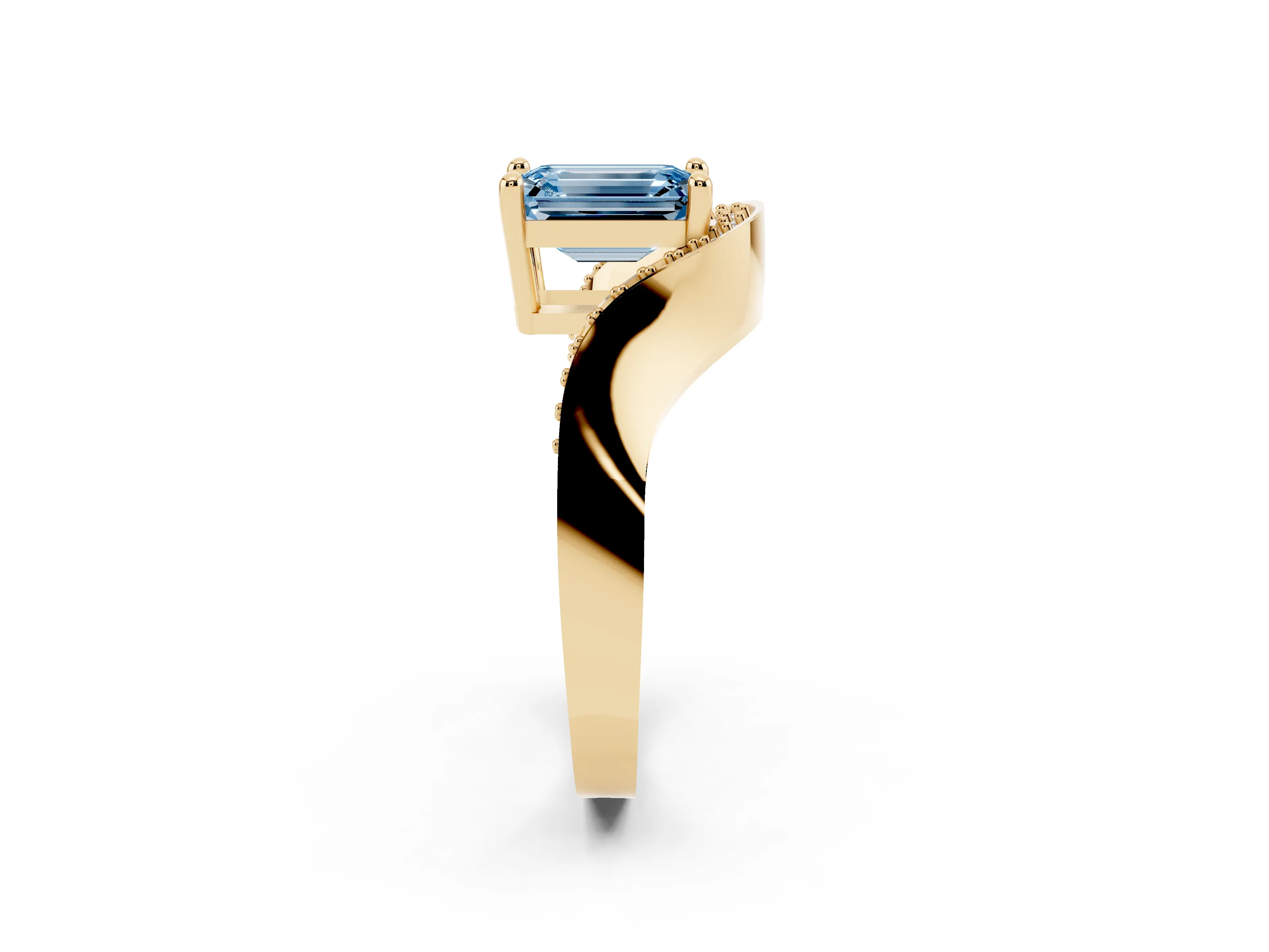 Fancy Blue Emerald Cut Diamond Solitaire Engagement Ring Set in Yellow gold with Pavé Shoulders