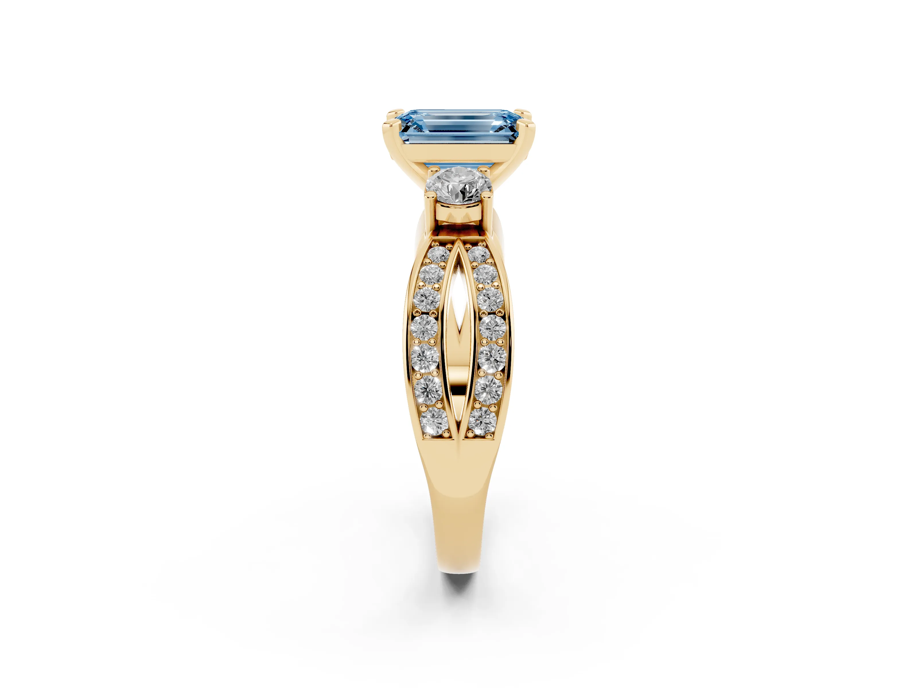 Fancy Blue Three-Stone Emerald Cut Diamond Twist Band Ring Set in Yellow gold with Pavé Accents and Prong Setting