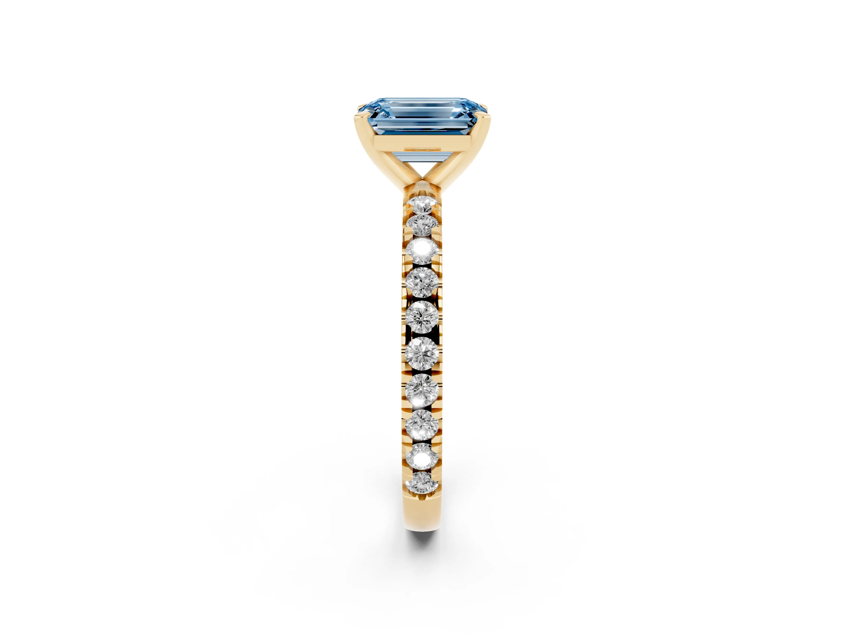 Fancy Blue Emerald Cut Diamond Pavé Band Solitaire Set in Yellow gold with Prong Setting