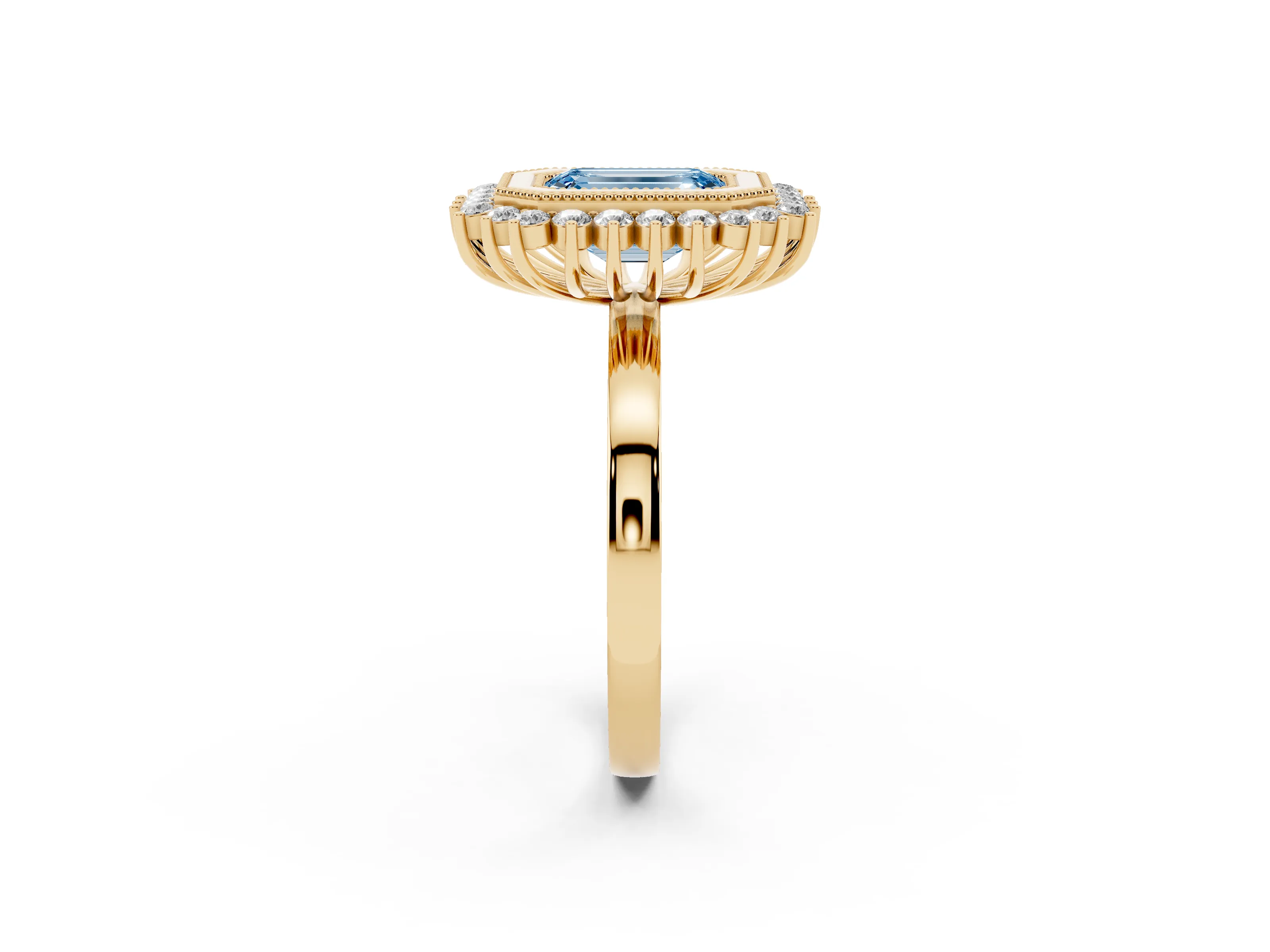Fancy Blue Emerald Cut Diamond Halo Ring Set in Yellow gold with Milgrain Edge and Round Prong Setting