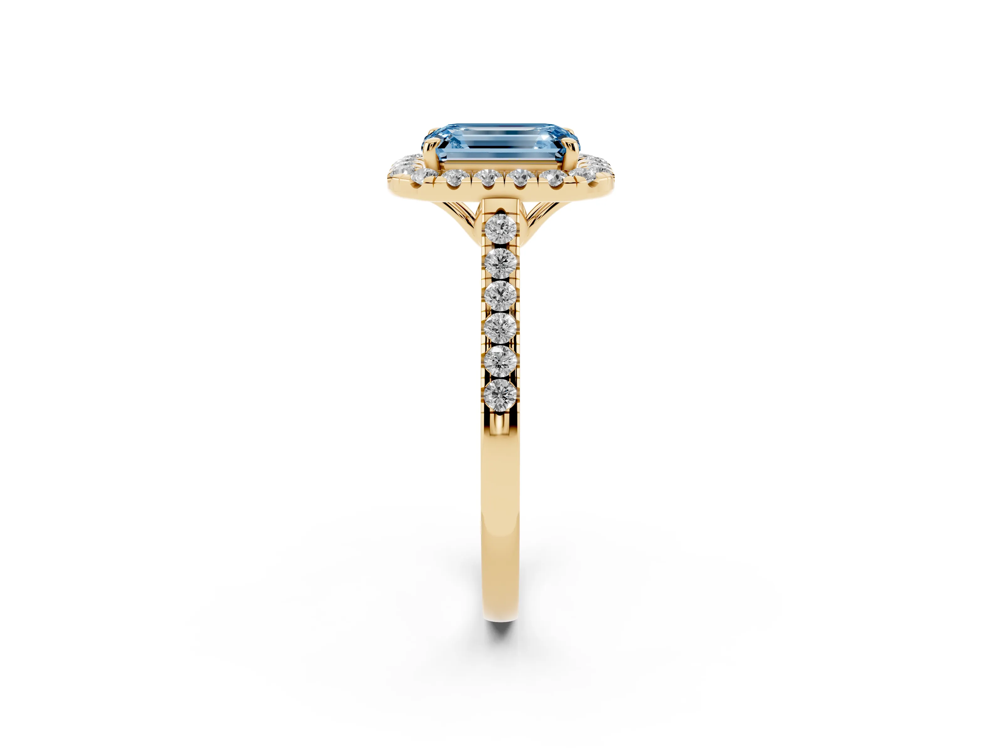 Fancy Blue Emerald Cut Diamond Pavé Halo Engagement Ring Set in Yellow gold with Pavé Band and Prong Setting