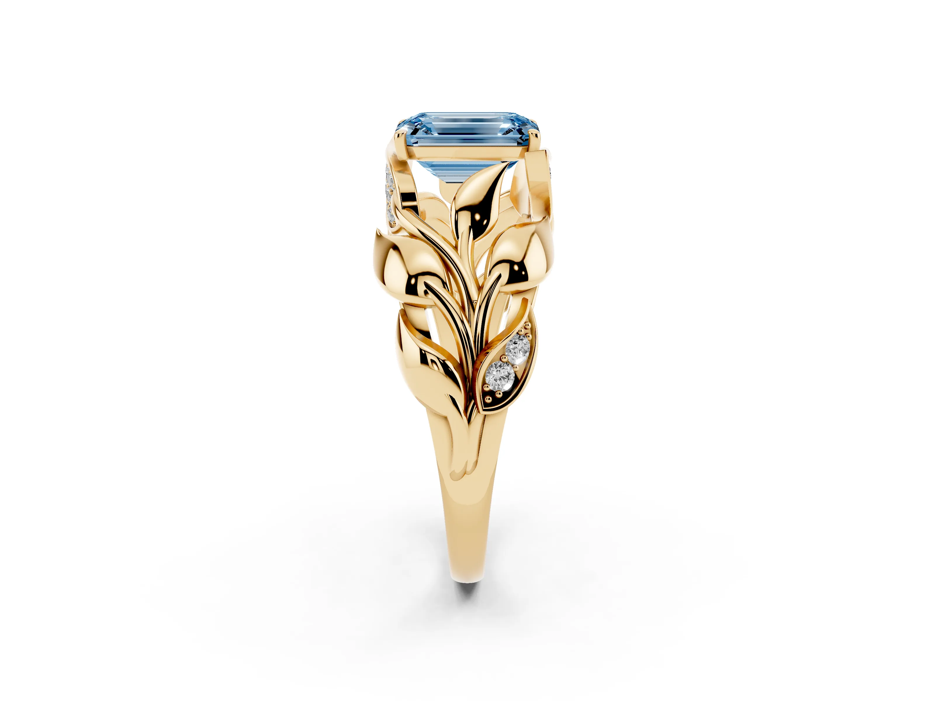 Fancy Blue Emerald Cut Diamond Leaf-Inspired Engagement Ring Set in Yellow gold with Round Accents