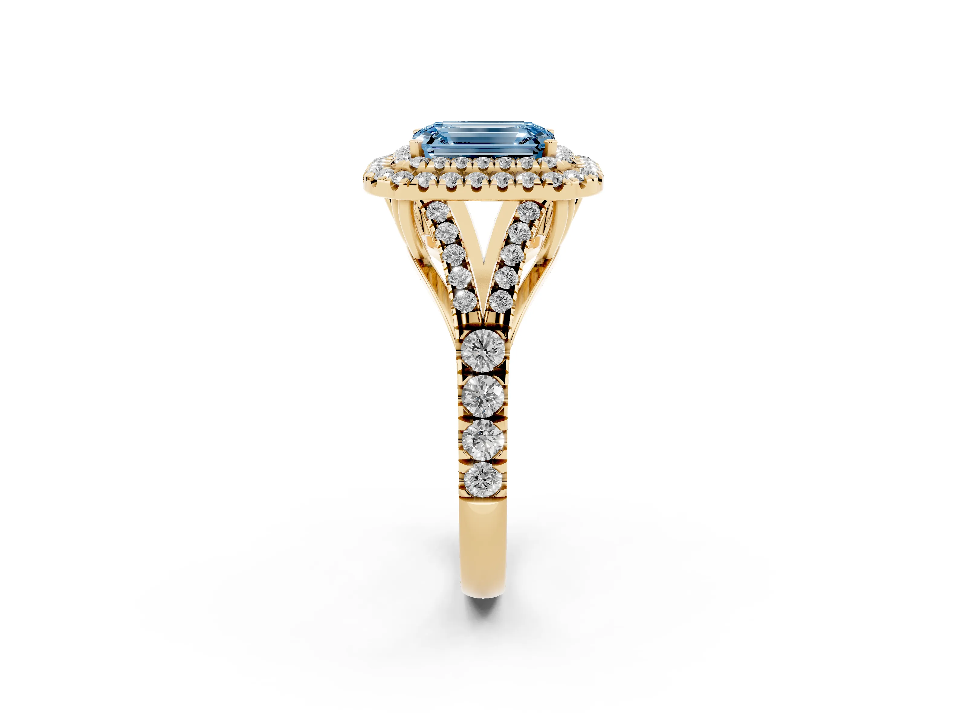 Fancy Blue Emerald Cut Diamond Pavé Split Shank Double Halo Engagement Ring Set in Yellow gold