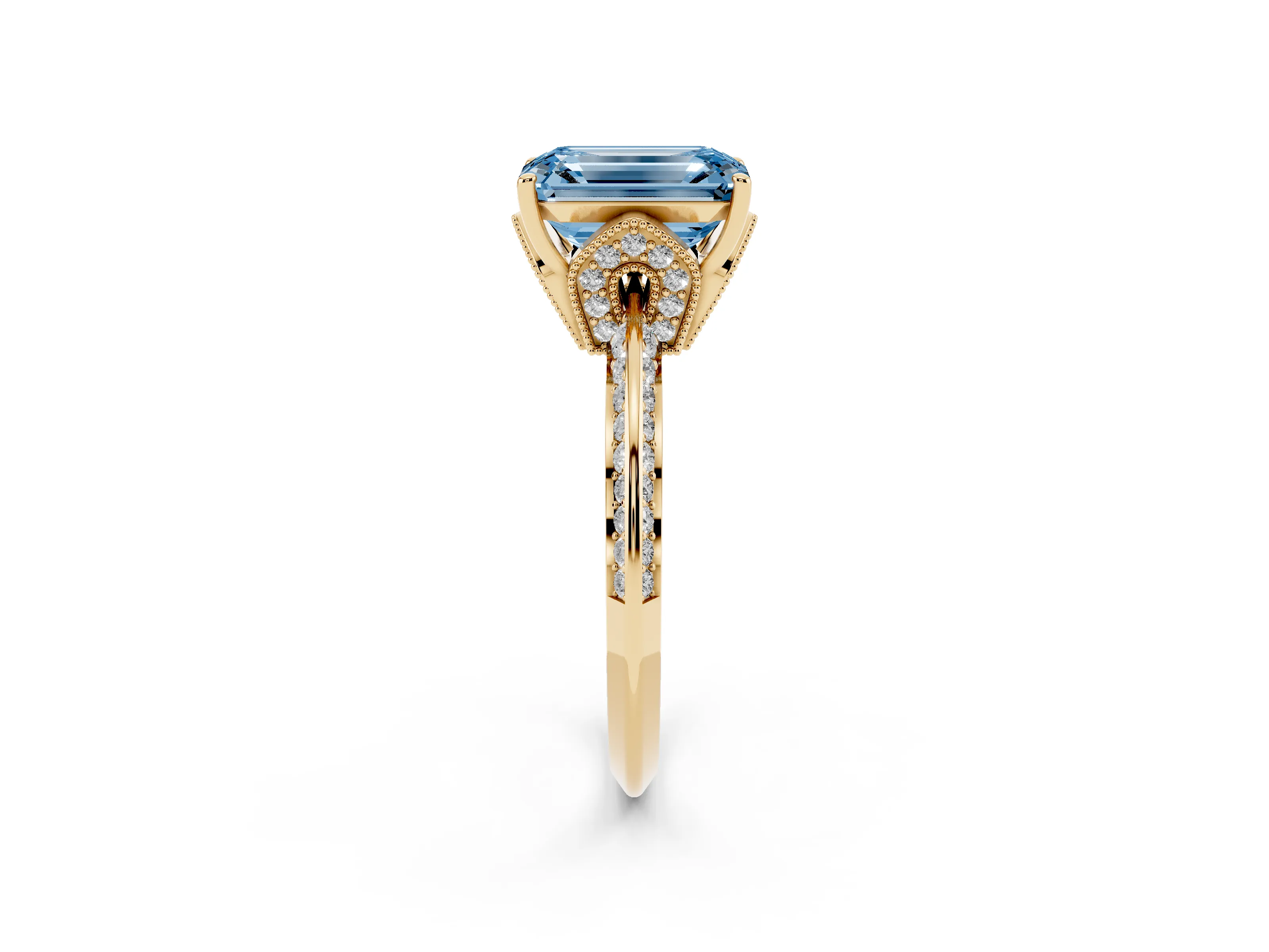 Fancy Blue Emerald Cut Diamond Solitaire Engagement Ring Set in Yellow gold with Pavé Split Shank and Prong Setting