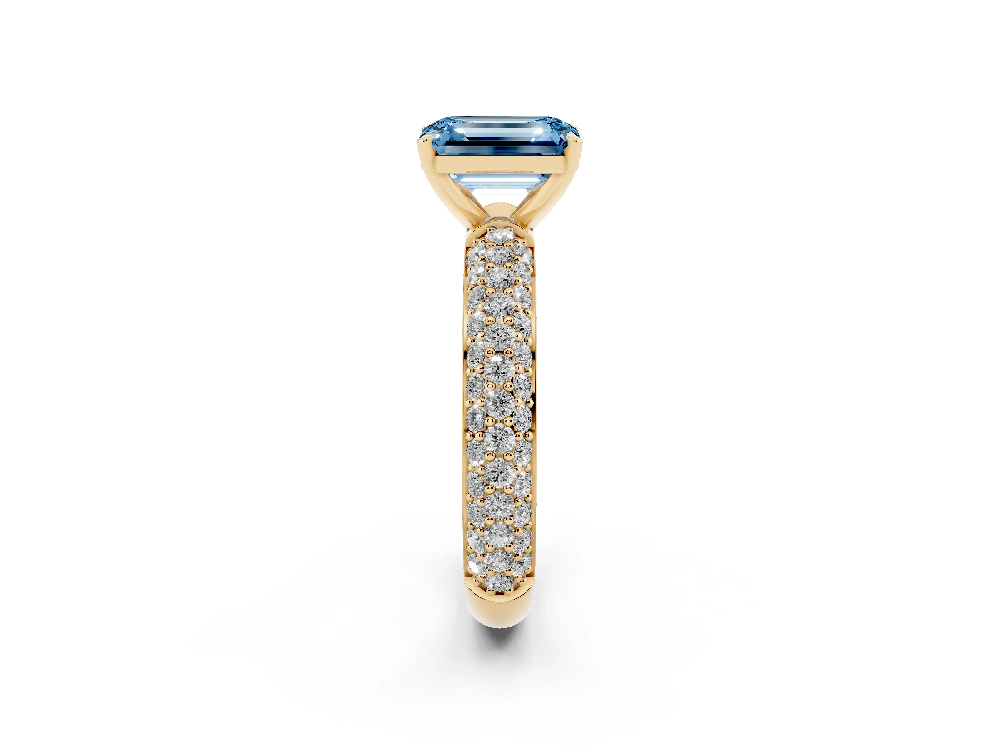 Fancy Blue Emerald Cut Diamond Solitaire Ring Set in Yellow gold with Prong Setting and Pavé-Set Band