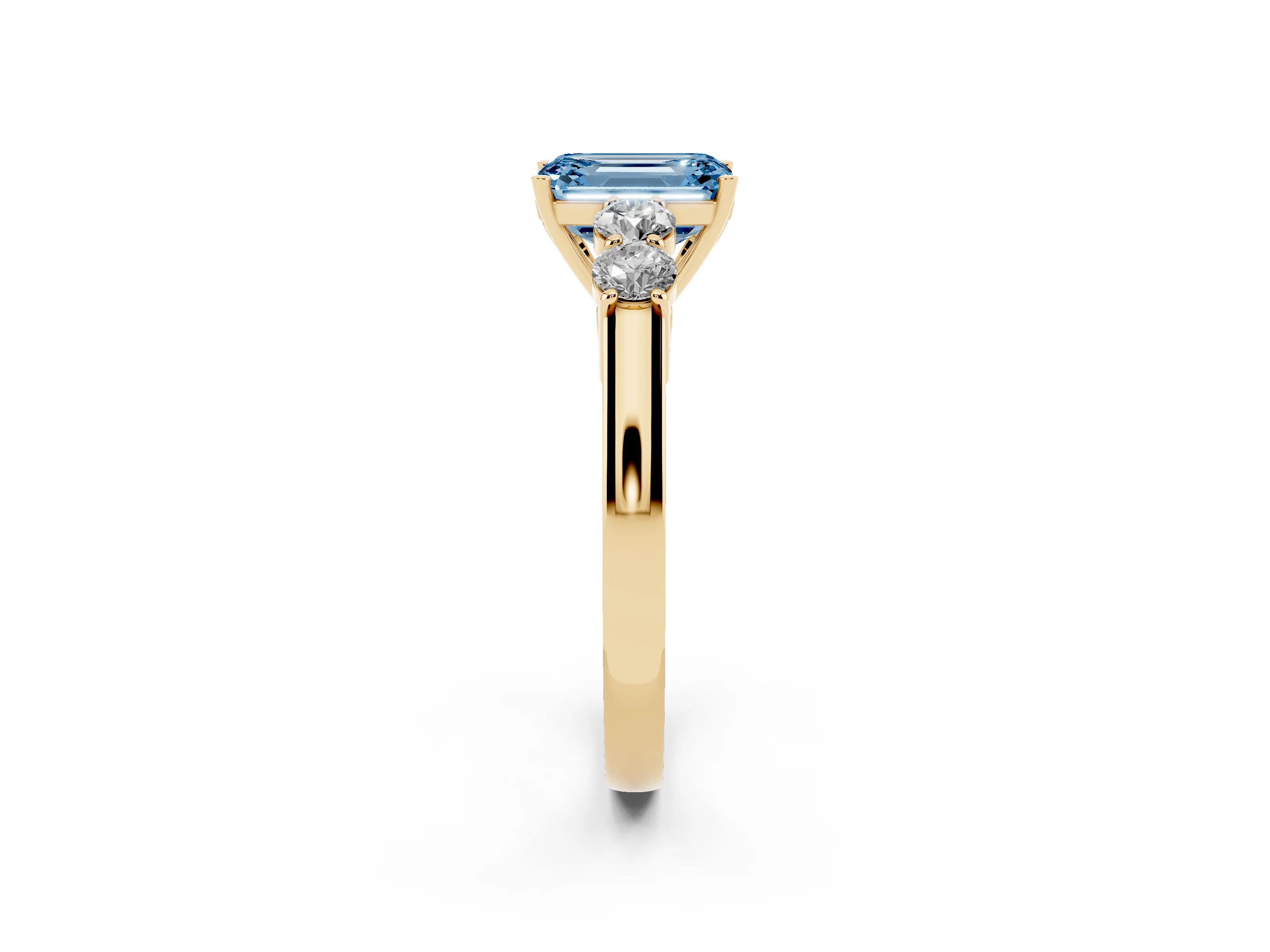 Fancy Blue Emerald Cut Diamond Five-Stone Prong Set Band Ring Set in Yellow gold with Polished Band