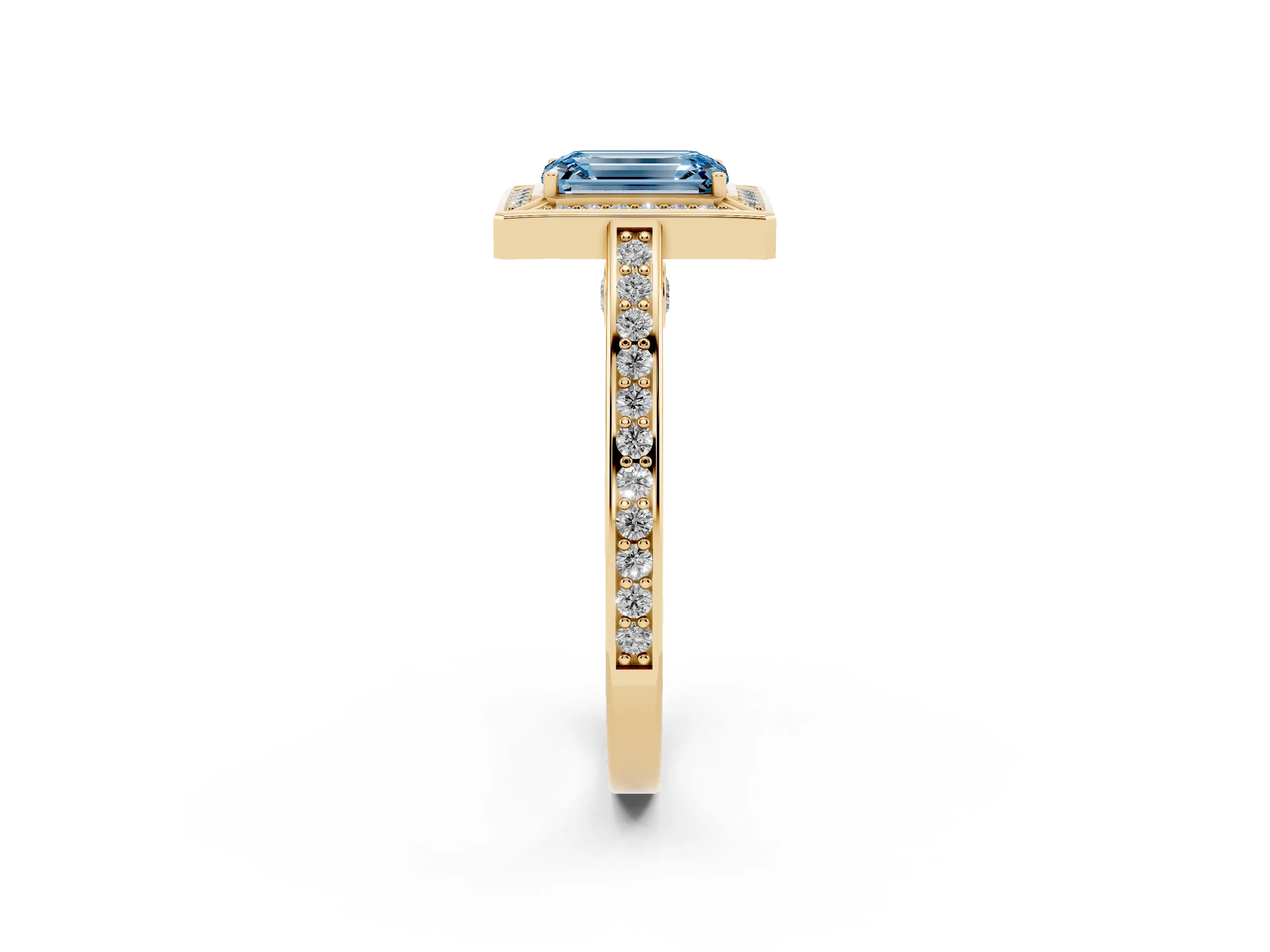 Fancy Blue Emerald Cut Diamond Halo Pavé Split Shank Ring Set in Yellow gold with Prong Setting