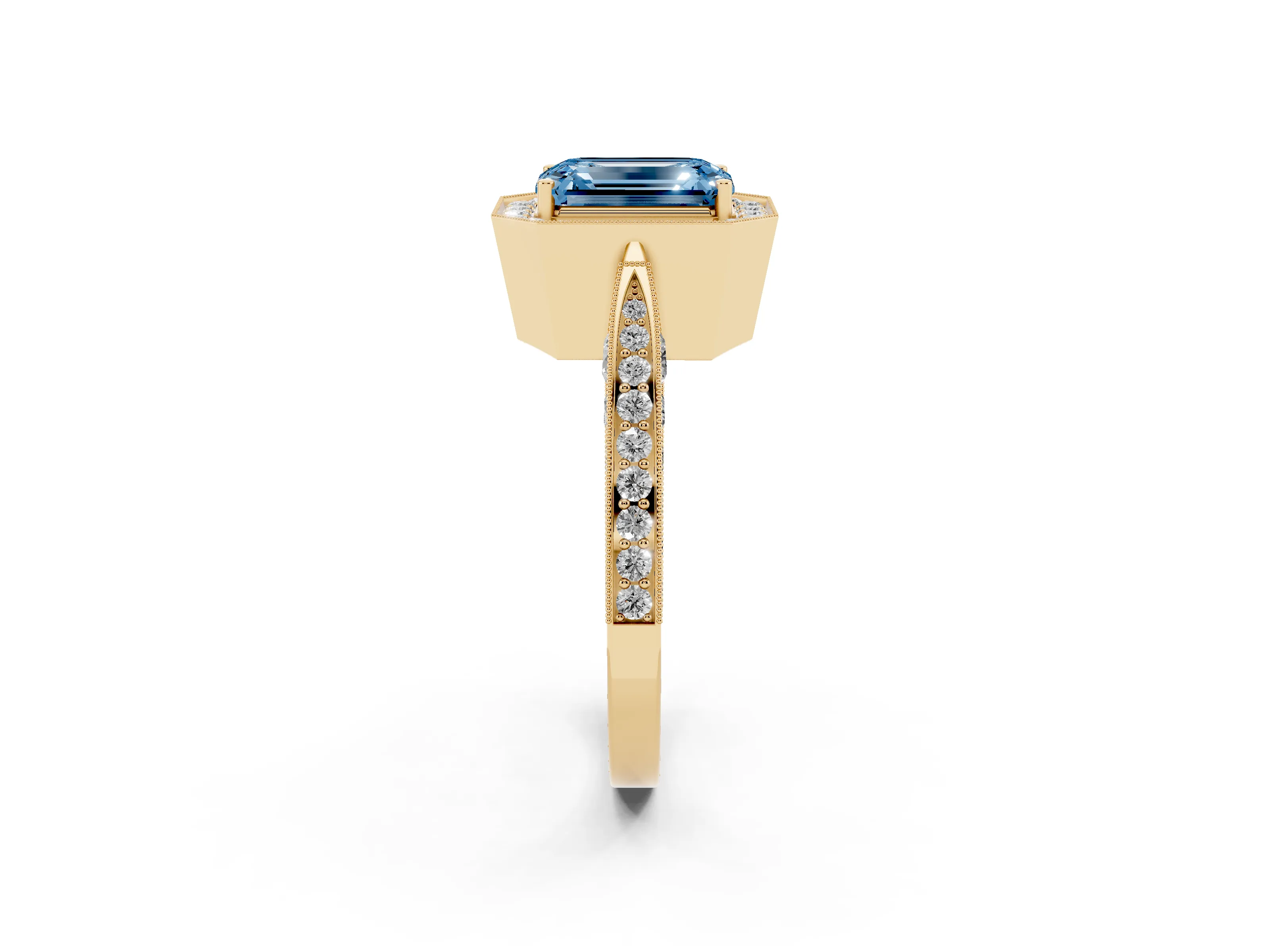Fancy Blue Emerald Cut Diamond Halo Engagement Ring Set in Yellow gold with Accent Split Shank Band