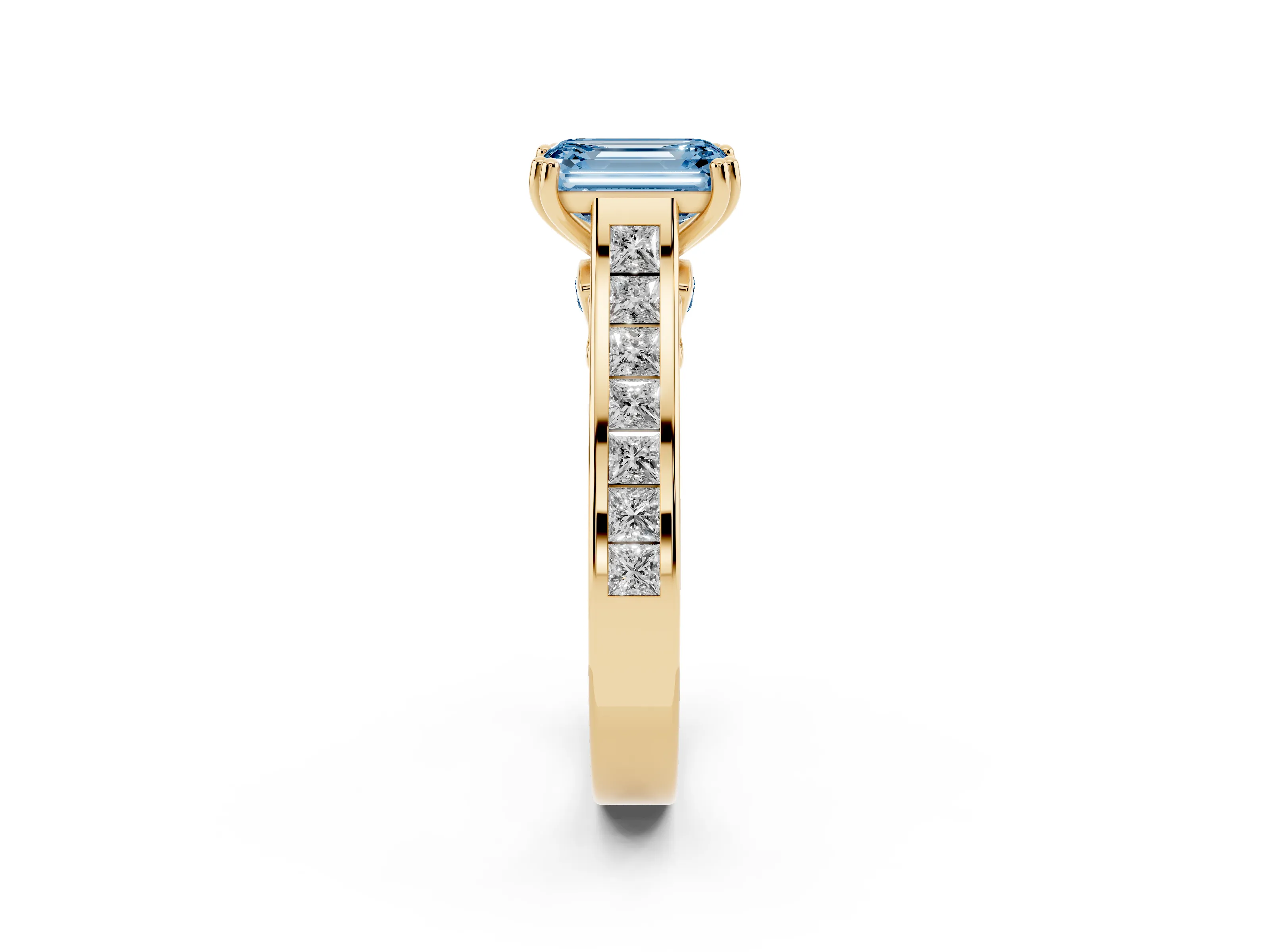Fancy Blue Emerald Cut Diamond Channel Set Solitaire Engagement Ring Set in Yellow gold with Prong Setting