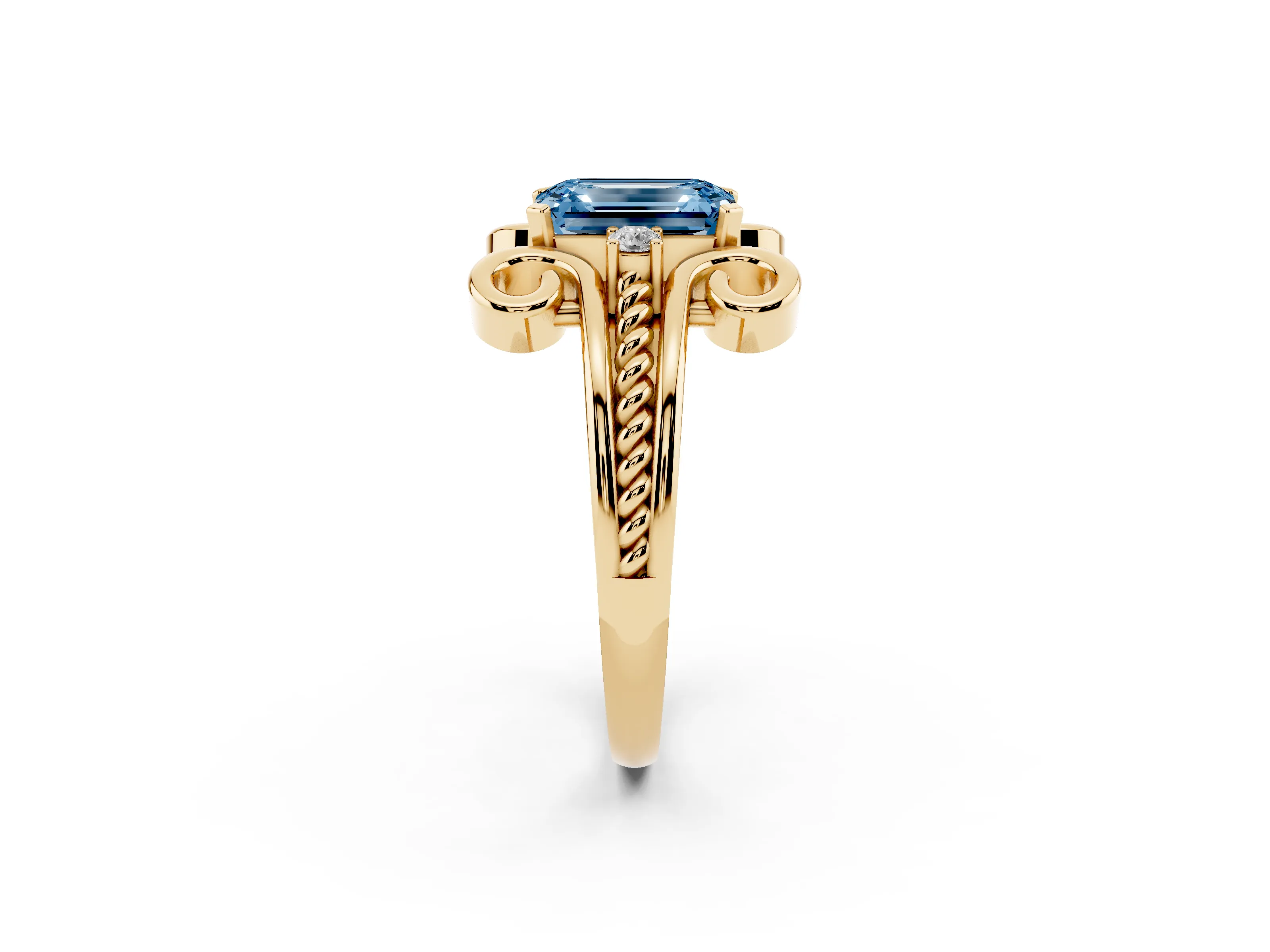 Fancy Blue Emerald Cut Diamond Twisted Band Solitaire Ring Set in Yellow gold with Scroll Prongs
