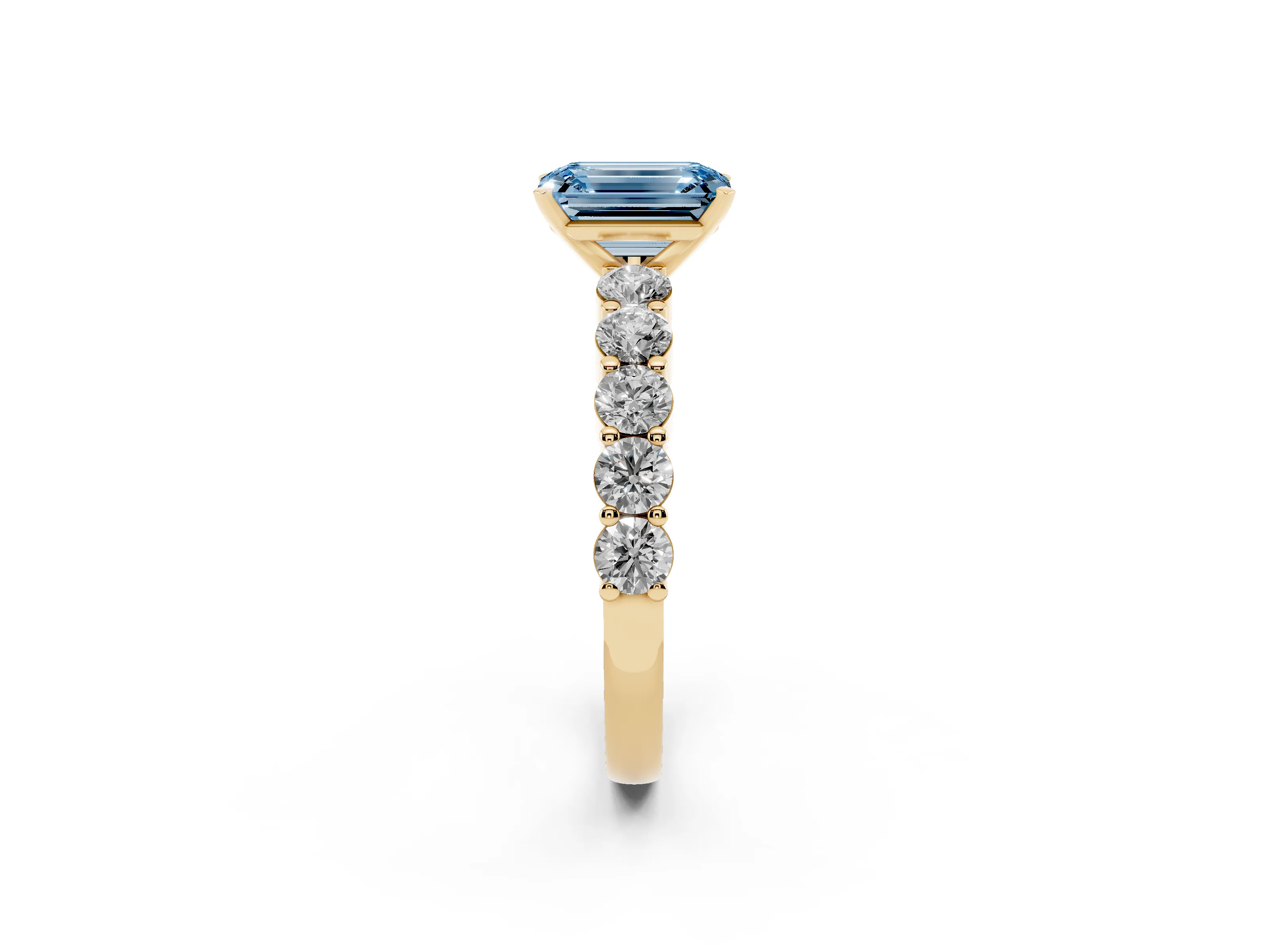 Fancy Blue Emerald Cut Diamond Solitaire Ring Set in Yellow gold with Shared Prong Round Side Stones