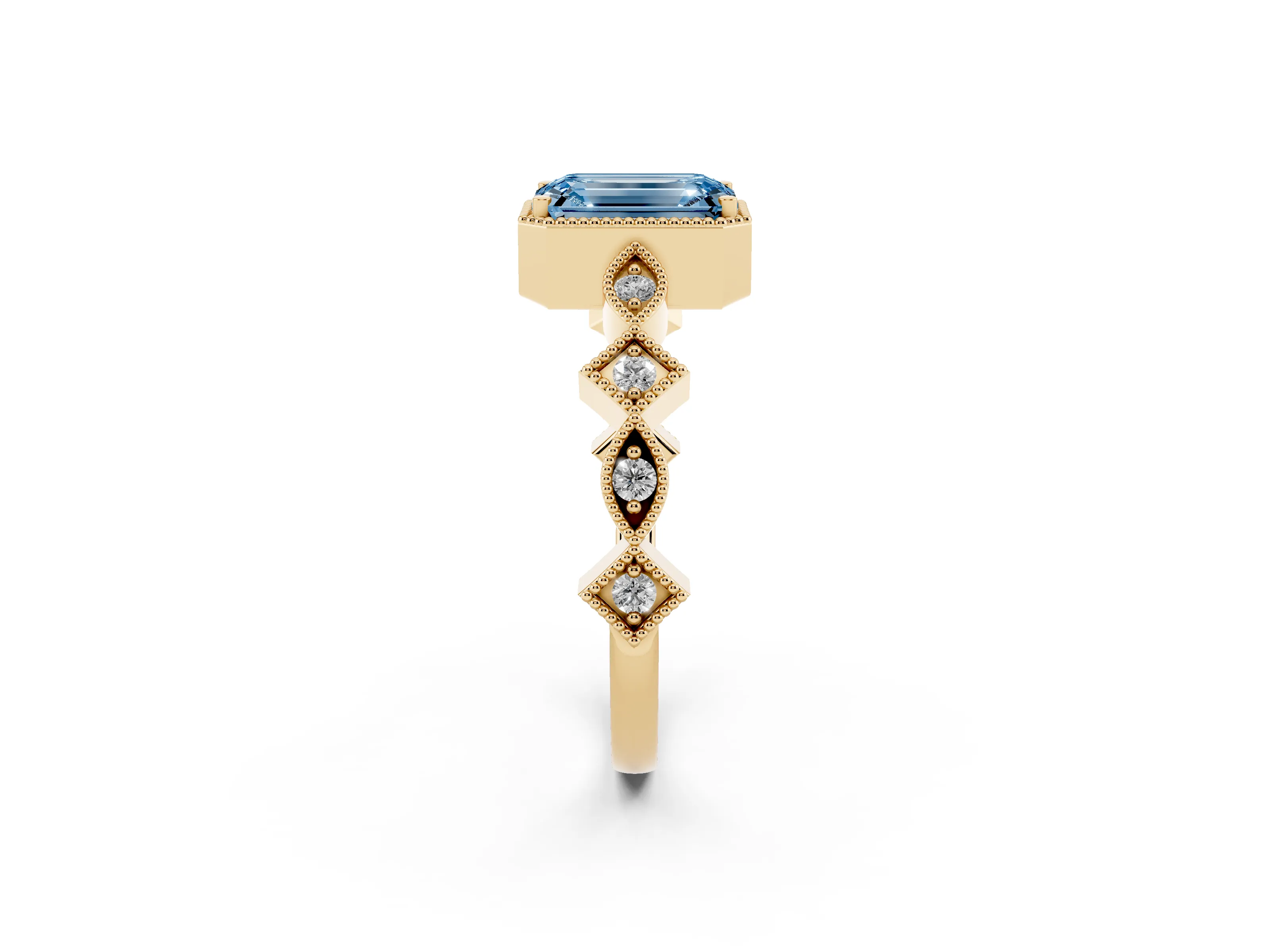 Fancy Blue Emerald Cut Diamond Milgrain Marquise Twist Band Ring Set in Yellow gold with Prong Setting