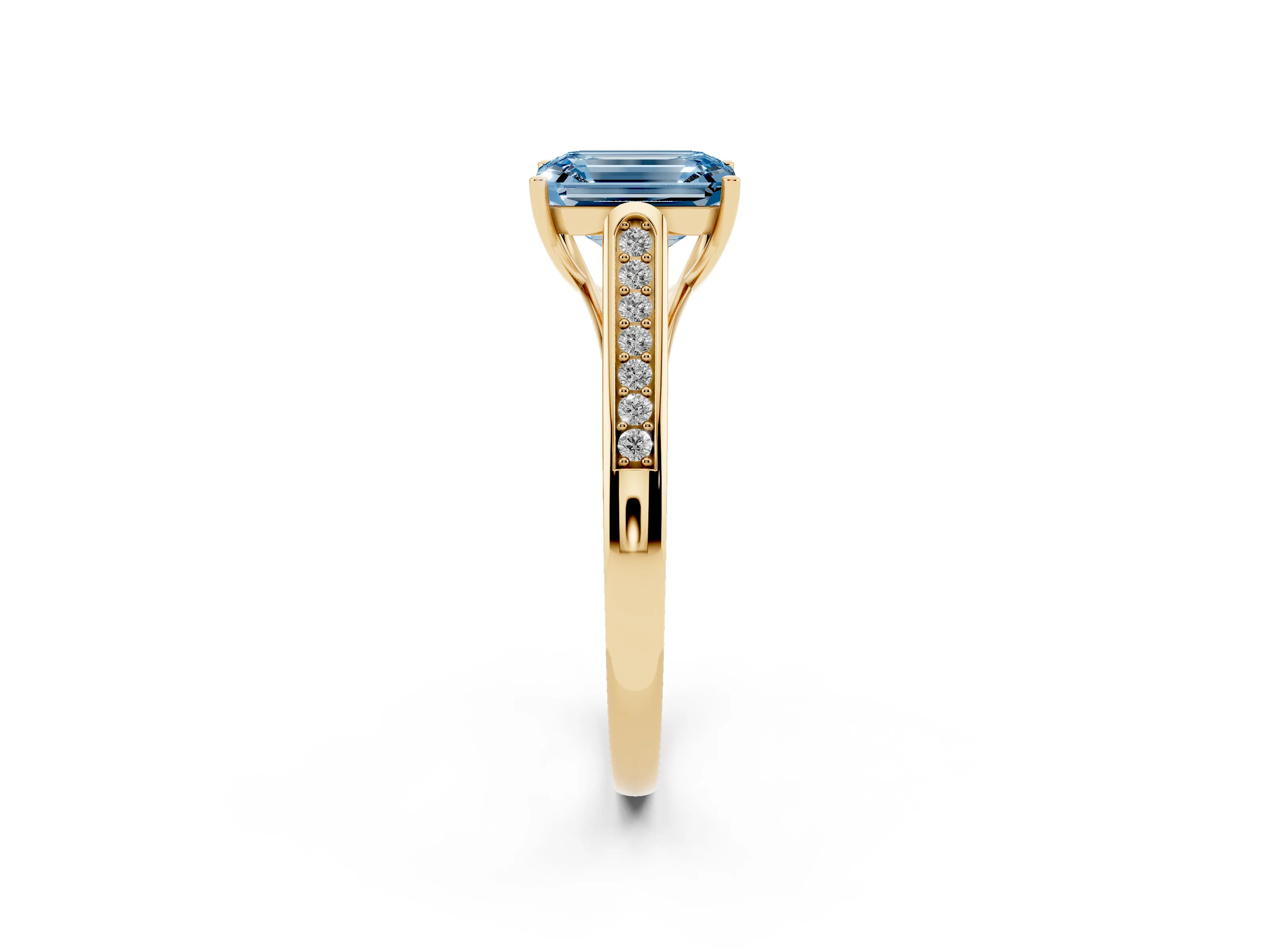 Fancy Blue Emerald Cut Diamond Solitaire Cathedral Engagement Ring Set in Yellow gold with Channel-Set Band and Prong Setting