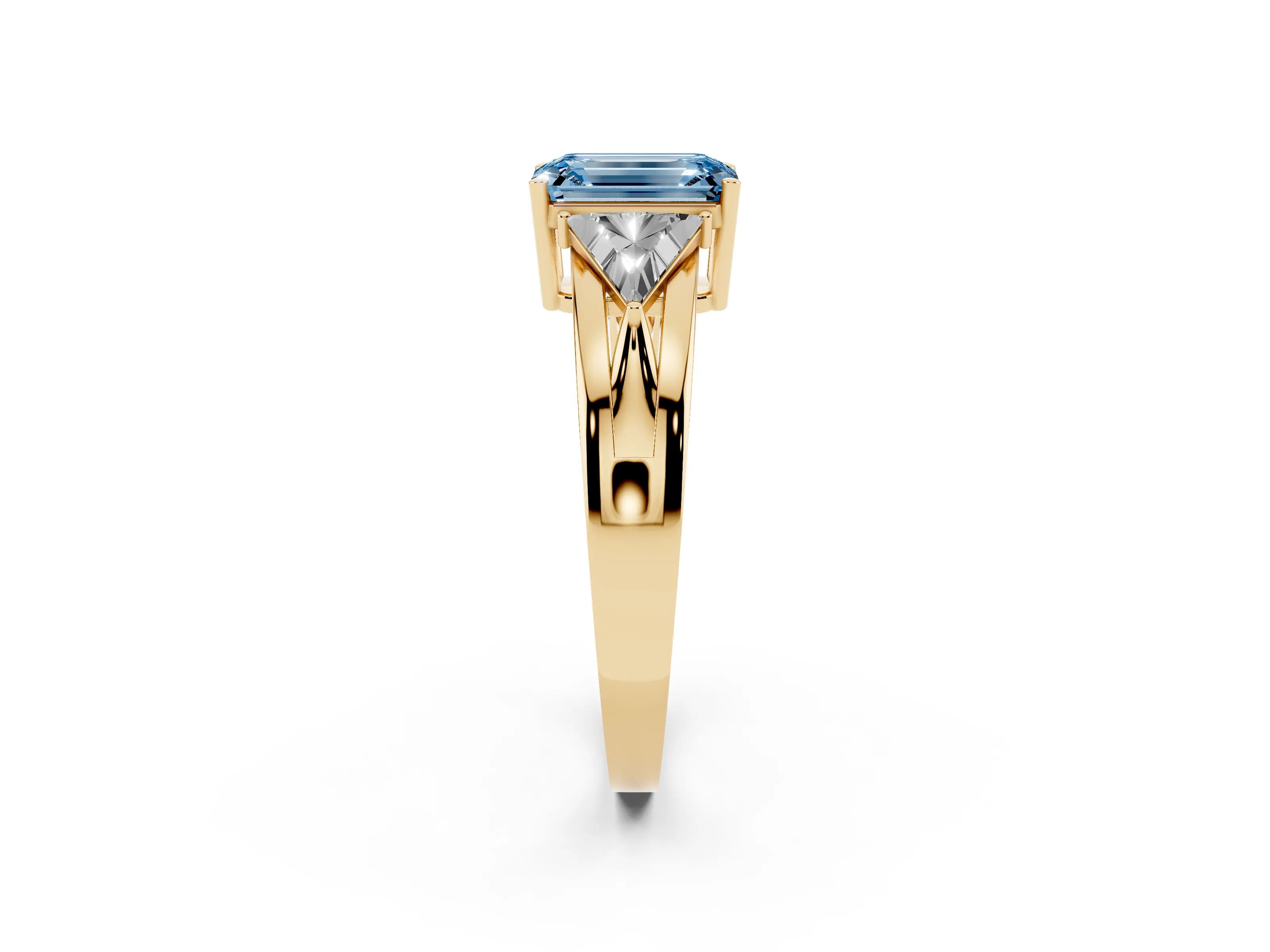 Fancy Blue Emerald Cut Diamond Three-Stone Ring Set in Yellow gold with Trillion Side Stones and Split Shank