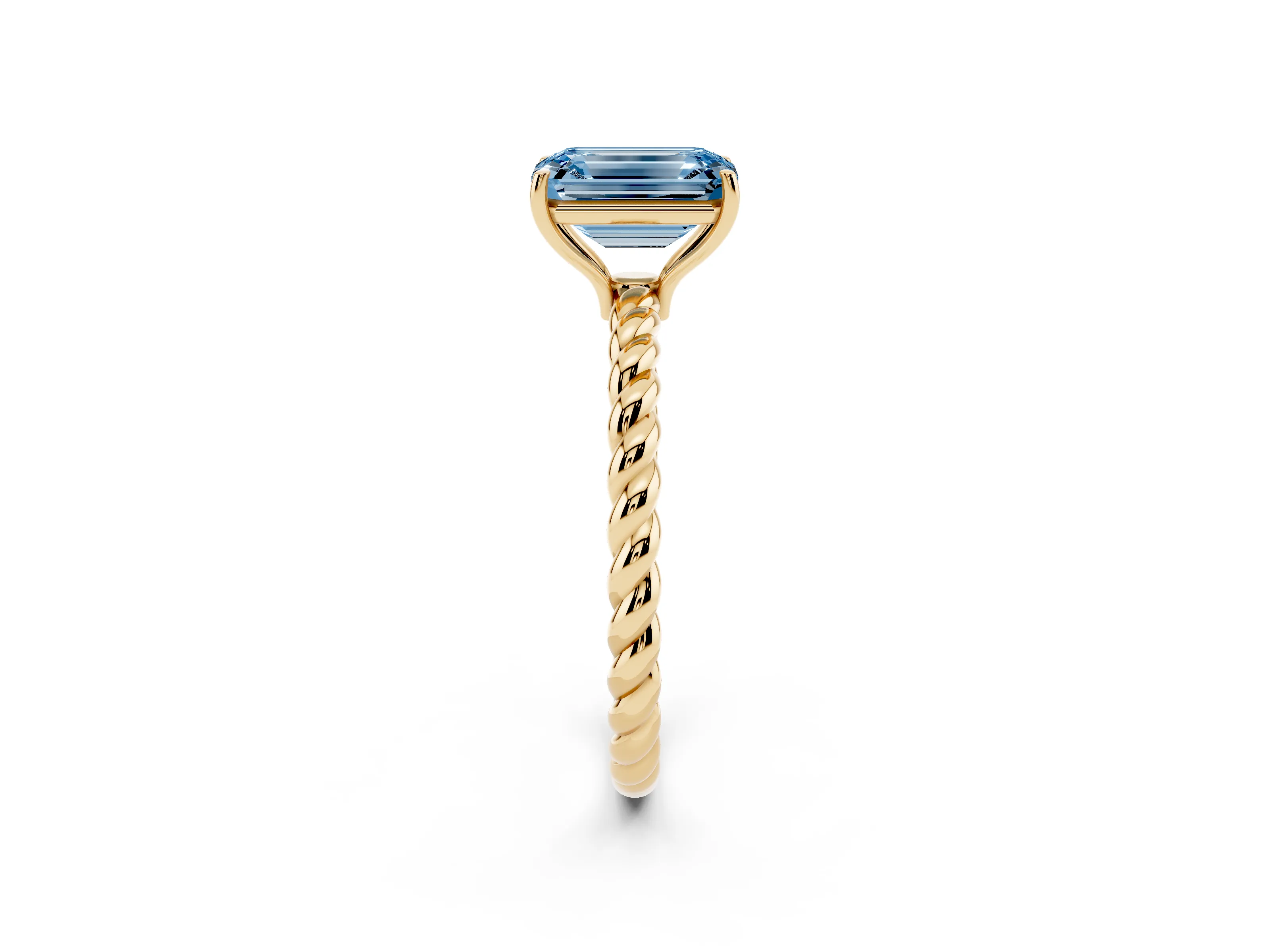 Fancy Blue Emerald Cut Diamond Solitaire Ring Set in Yellow gold with Twist Band and Prong Setting