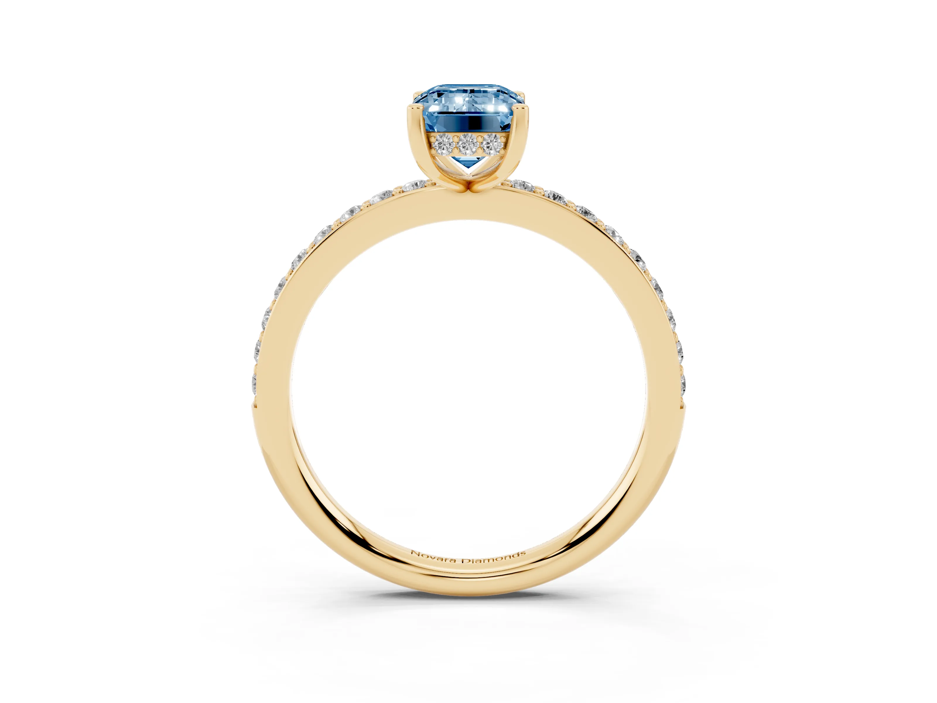 Fancy Blue Emerald Cut Diamond Pavé Band Ring Set in Yellow gold with Prong-Set Center Stone