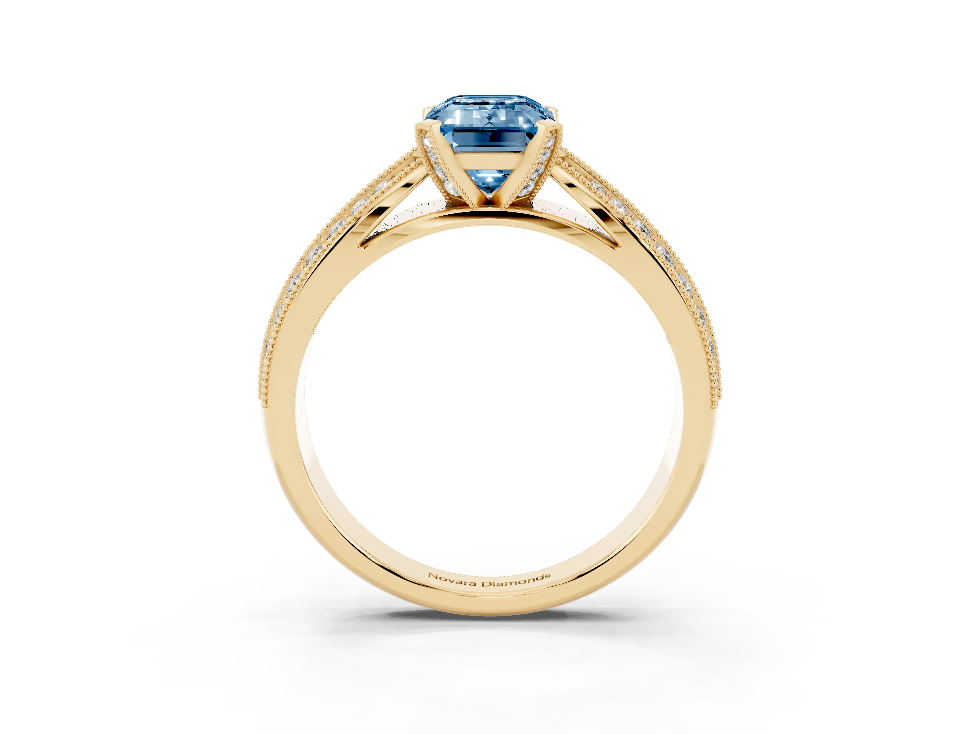 Fancy Blue Emerald Cut Diamond Solitaire Ring Set in Yellow gold with Milgrain Double Row Round Pavé Band