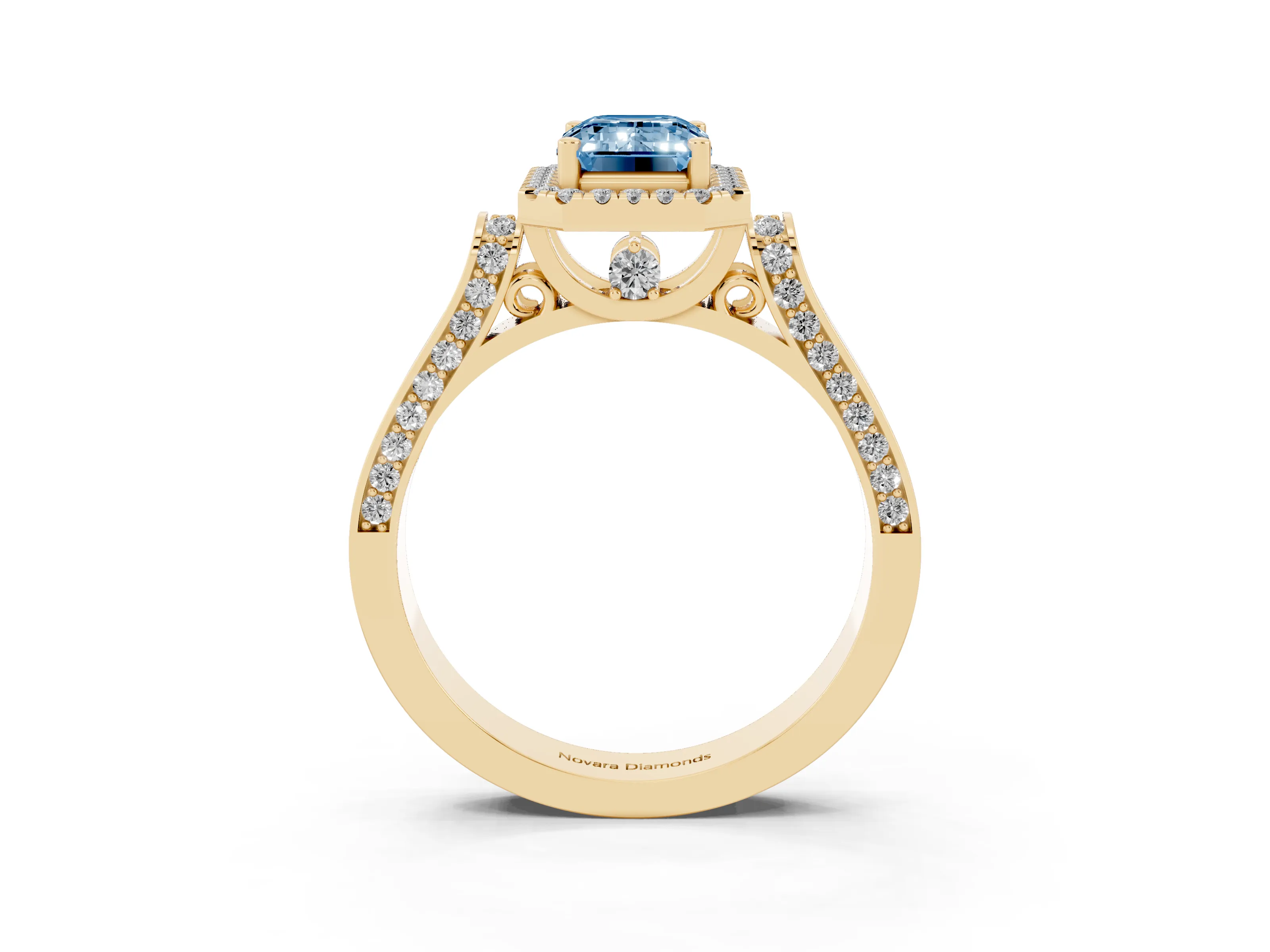 Fancy Blue Emerald Cut Diamond Halo Ring Set in Yellow gold with Pavé-Lined Split Shank Band