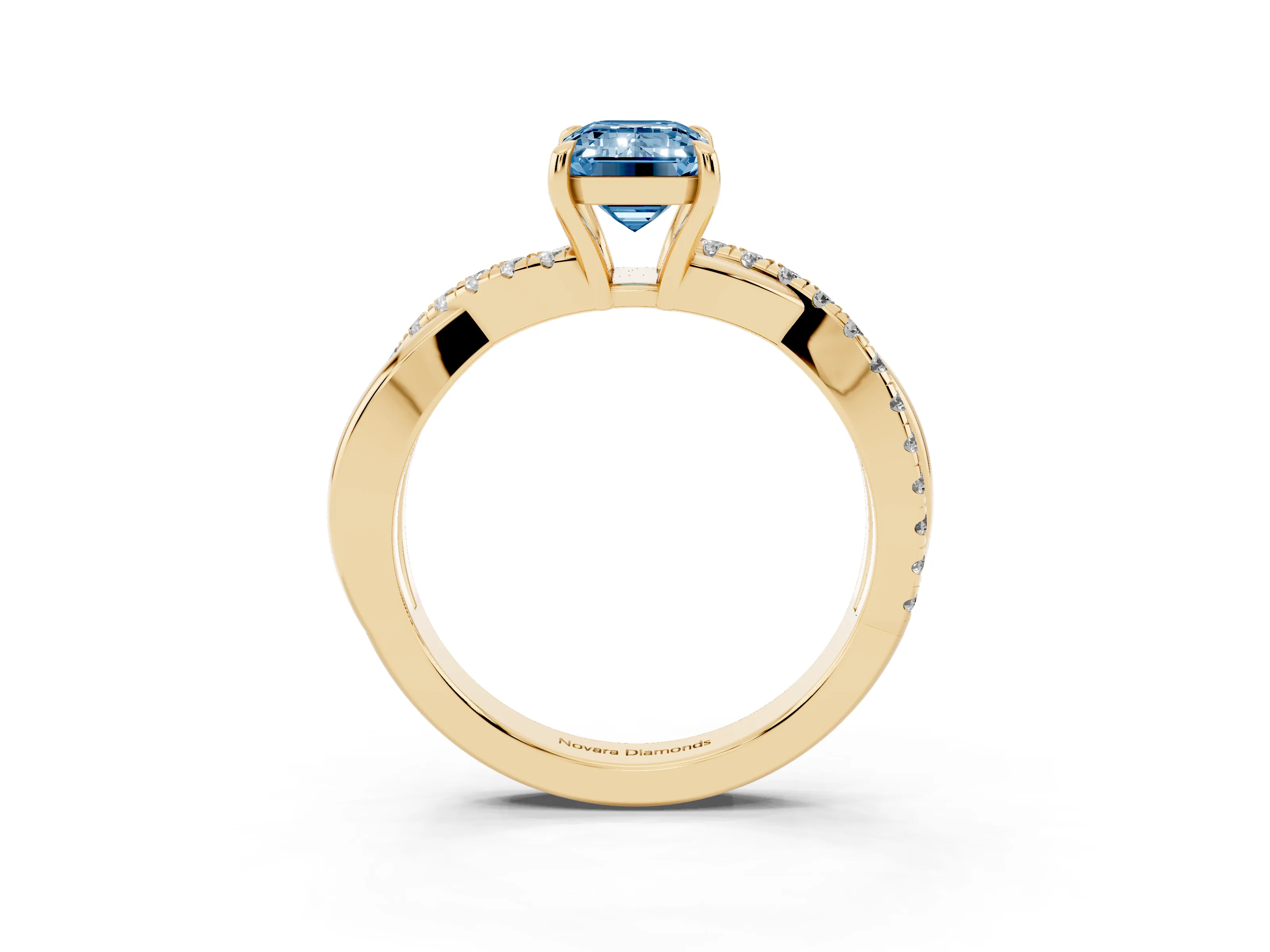 Fancy Blue Emerald Cut Diamond Twisted Pavé Band Ring Set in Yellow gold with Prong Setting