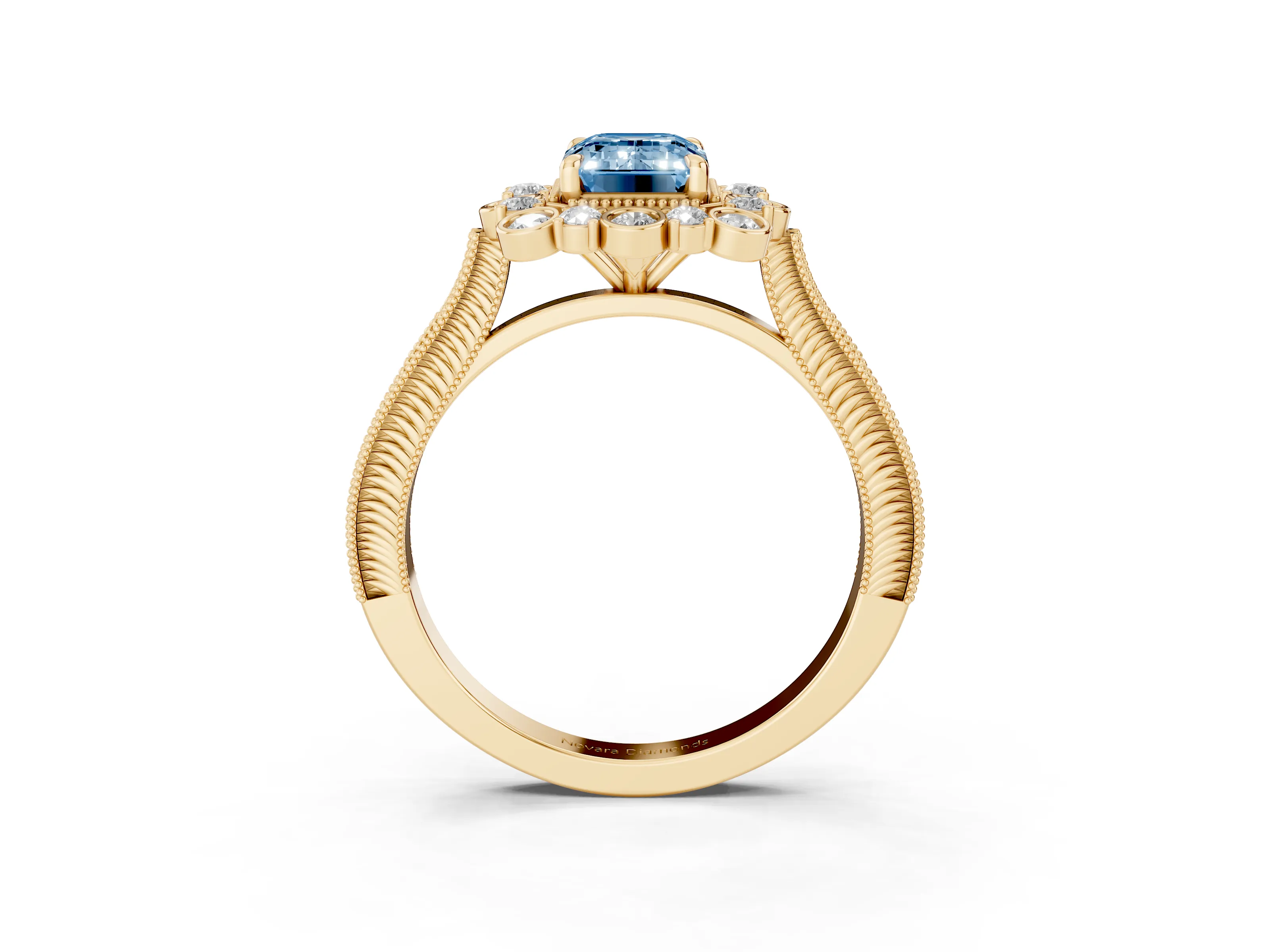 Fancy Blue Emerald Cut Diamond Halo Milgrain Pavé Ring Set in Yellow gold with Prong Setting