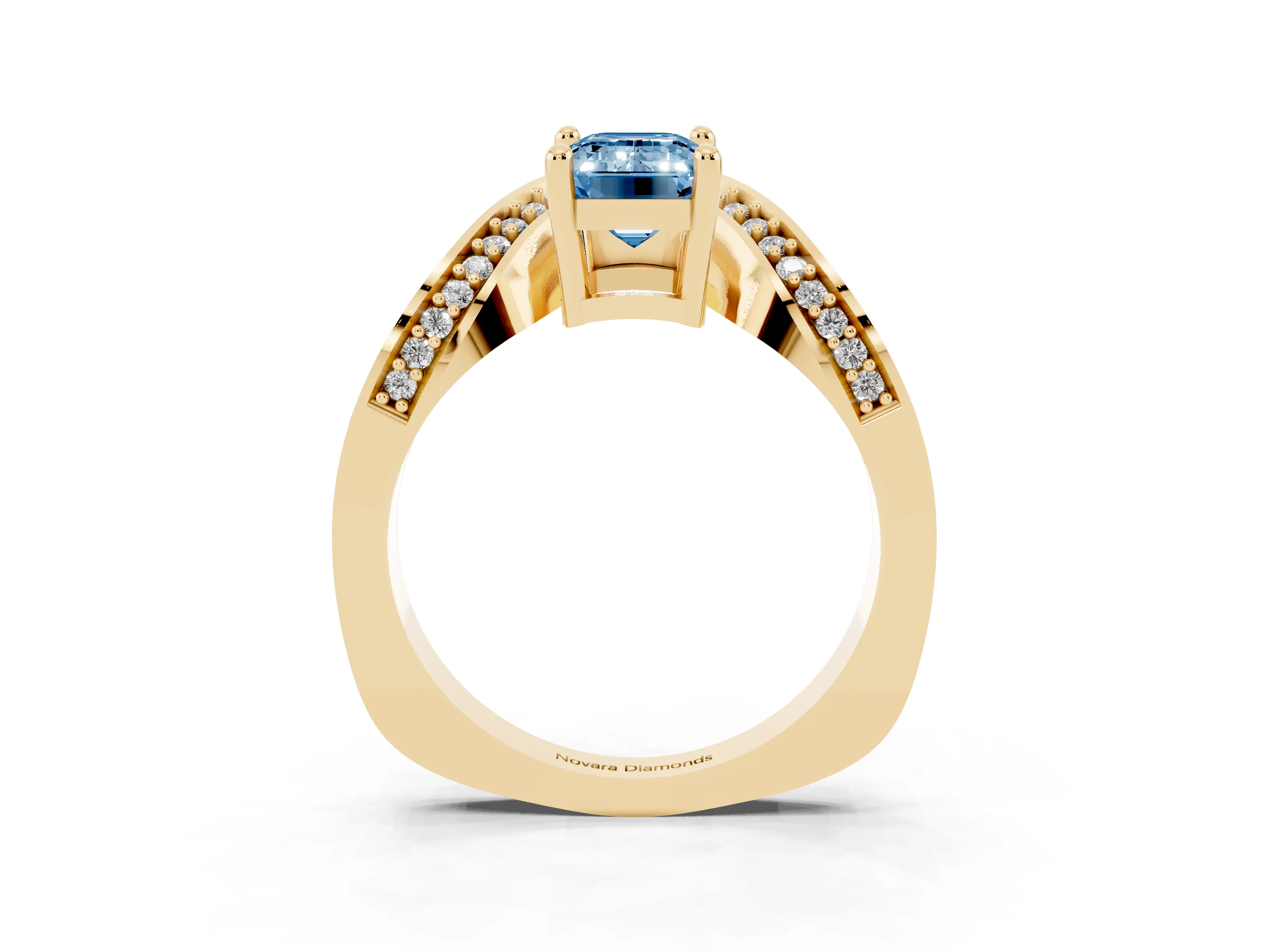Fancy Blue Emerald Cut Diamond Solitaire Engagement Ring Set in Yellow gold with Pavé Shoulders