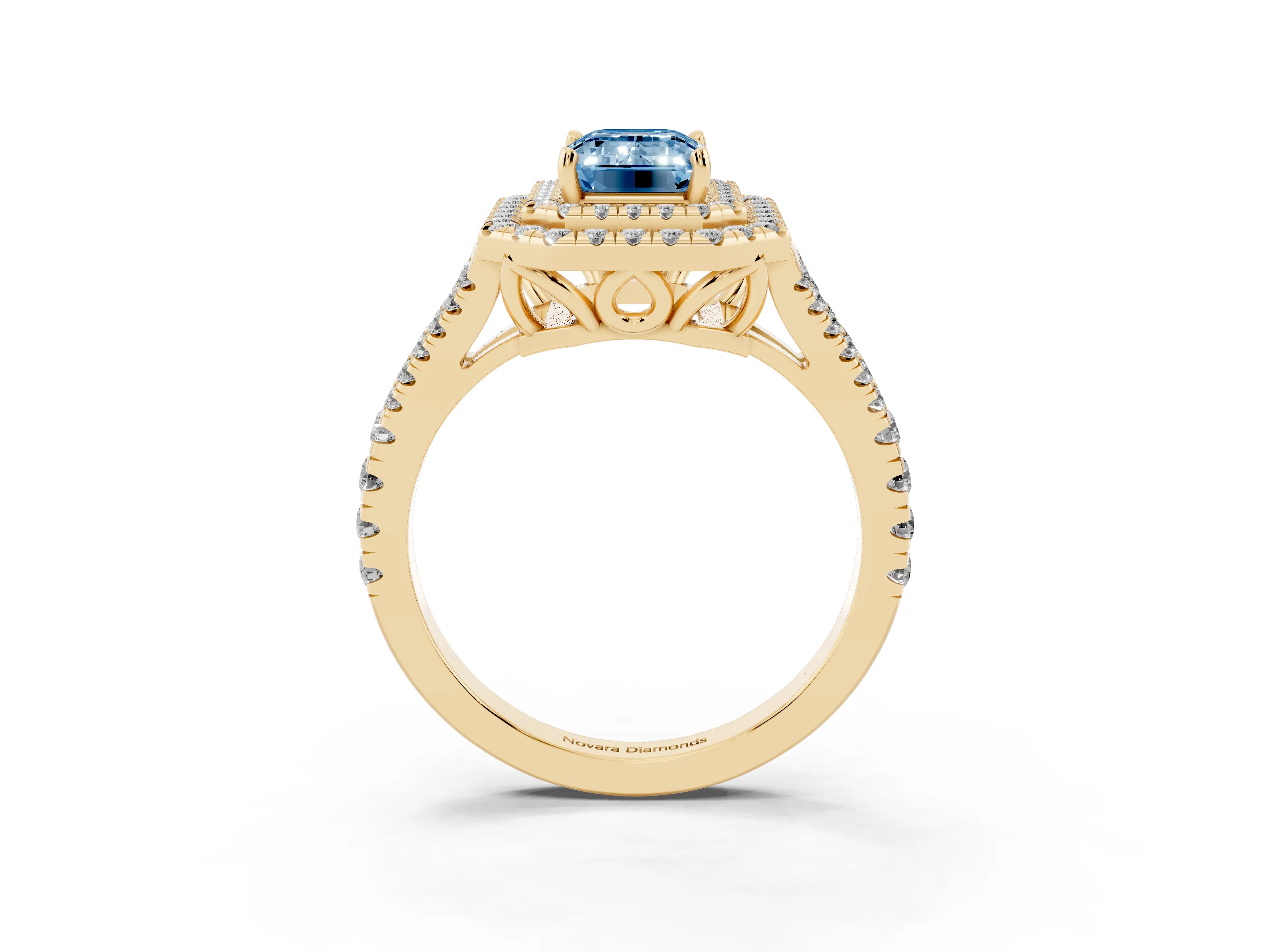 Fancy Blue Emerald Cut Diamond Double Halo Ring Set in Yellow gold with Pavé Band