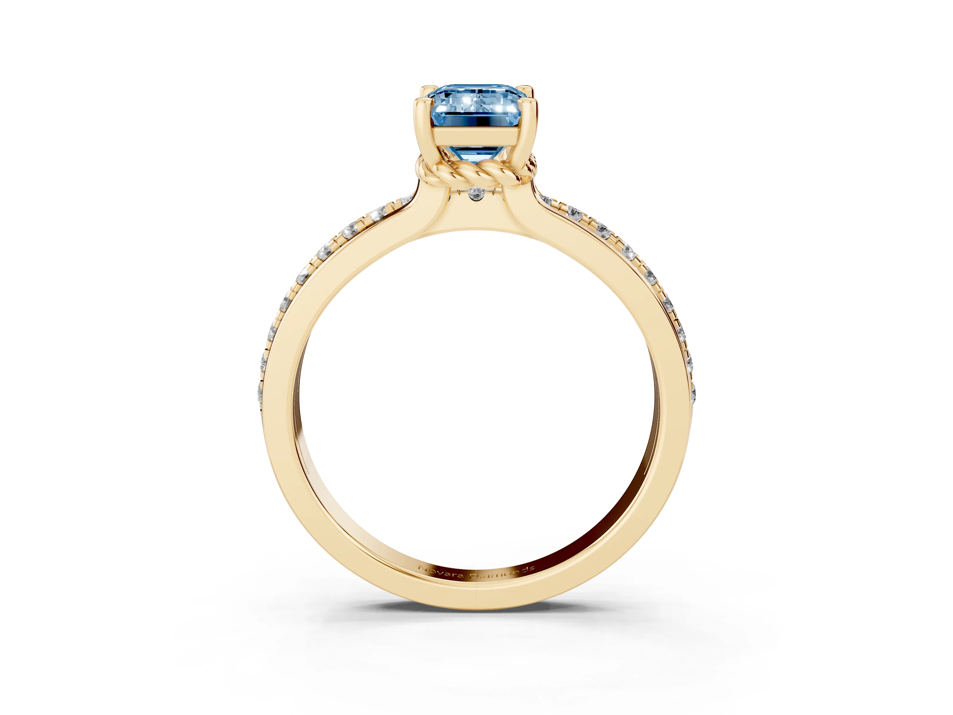 Fancy Blue Emerald Cut Diamond Solitaire Ring Set in Yellow gold with Channel Set Band and Prong Setting
