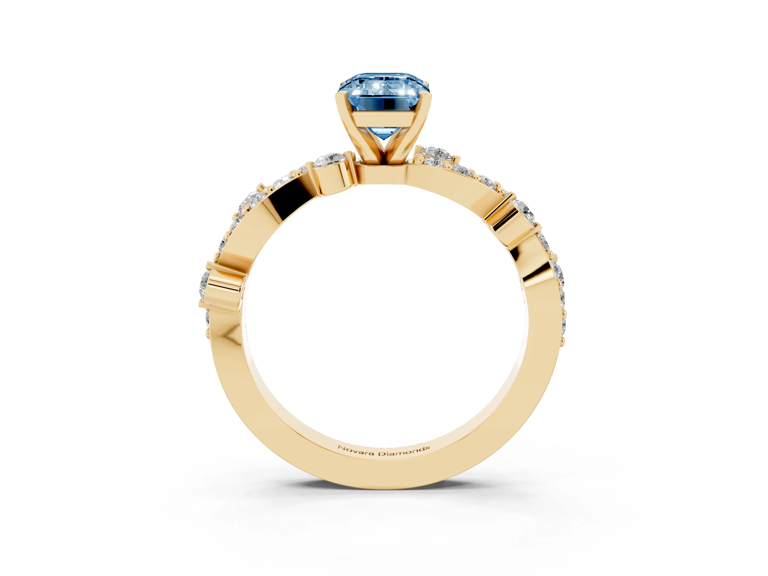 Fancy Blue Emerald Cut Diamond Solitaire Twisted Band Set in Yellow gold with Pavé Setting