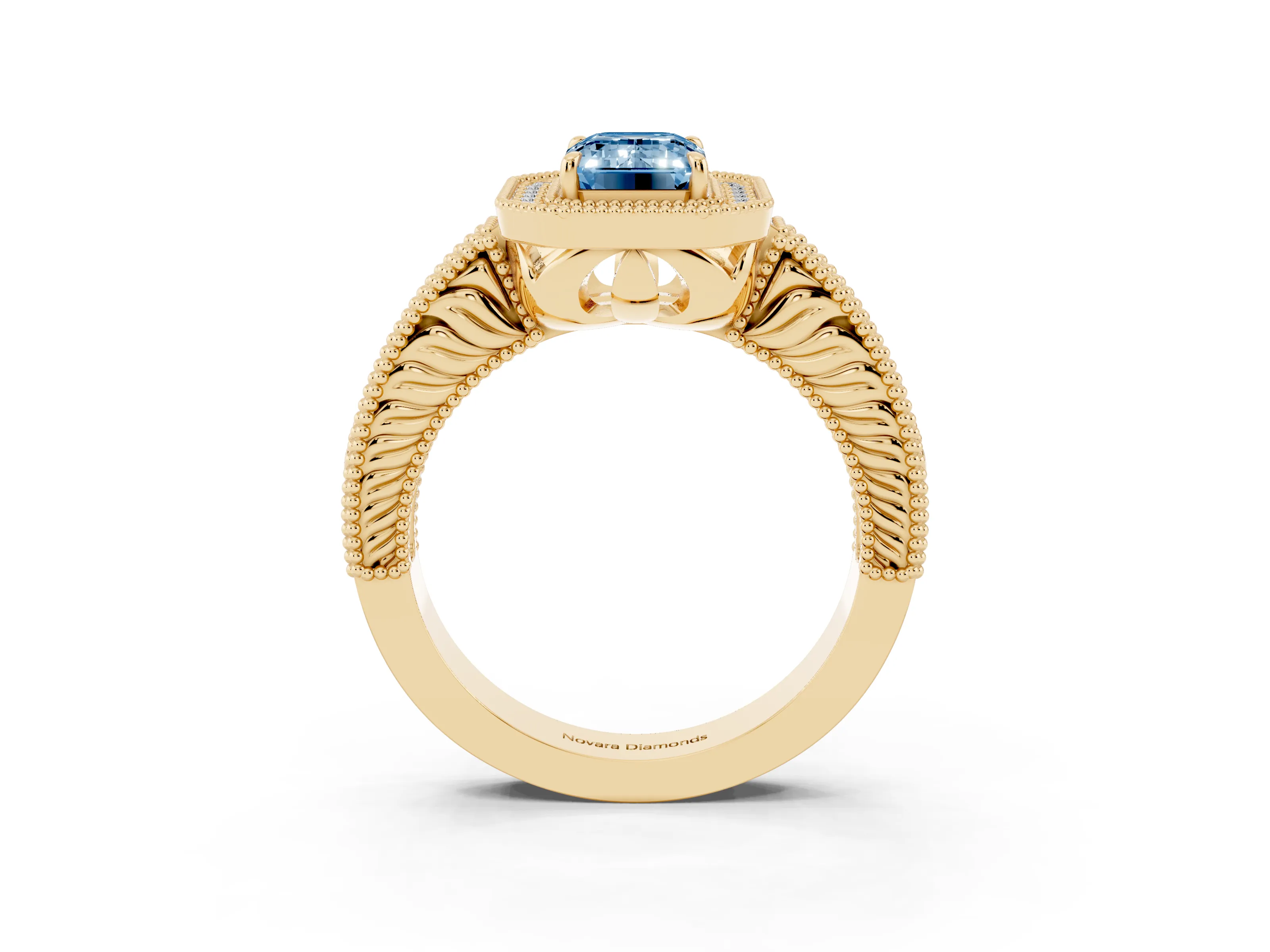 Fancy Blue Emerald Cut Diamond Halo Ring Set in Yellow gold with Round Accent Halo, Pavé Band and Prong Setting