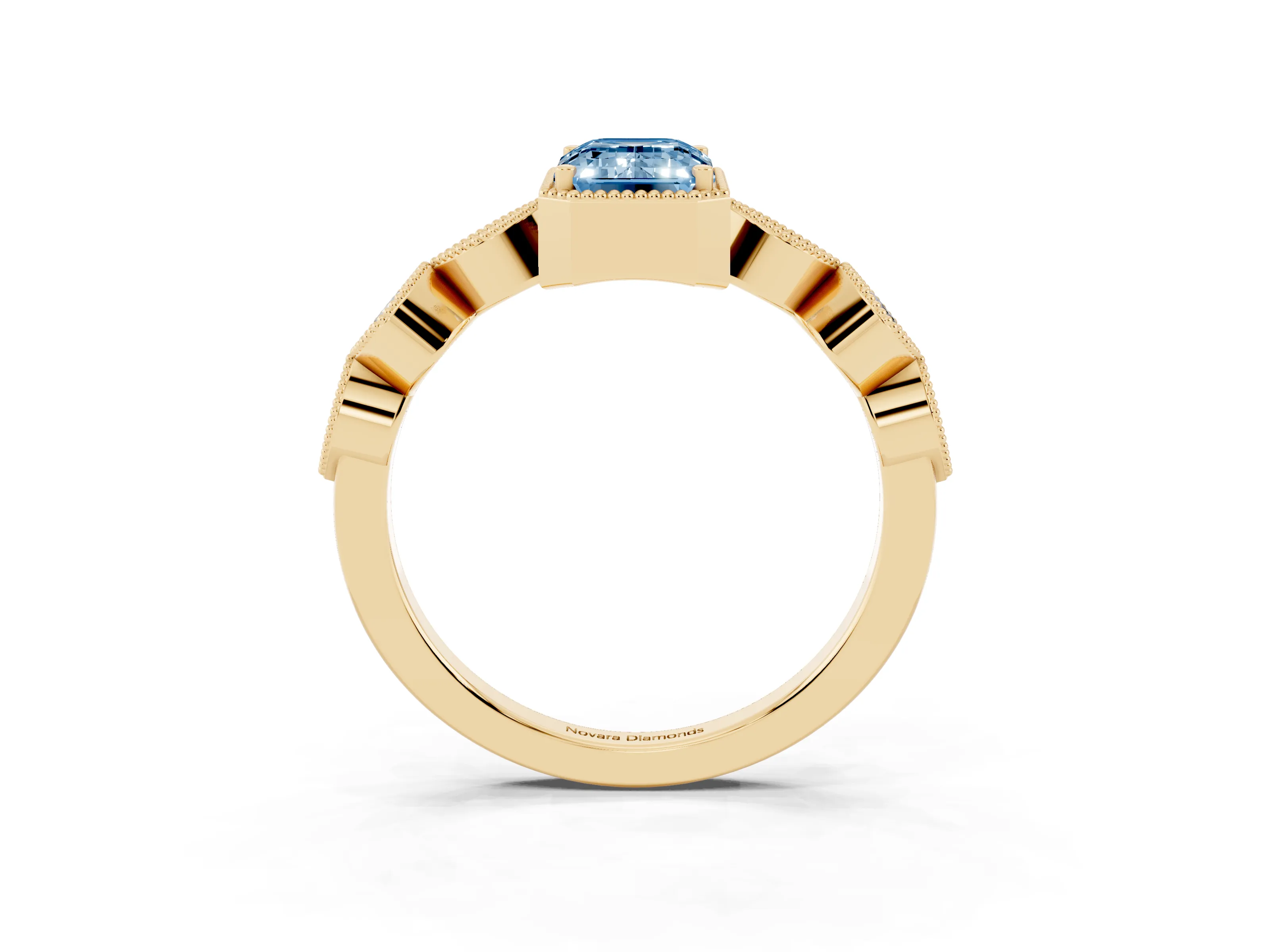 Fancy Blue Emerald Cut Diamond Vintage-Inspired Milgrain Ring Set in Yellow gold with Marquise Stations of Round Accents