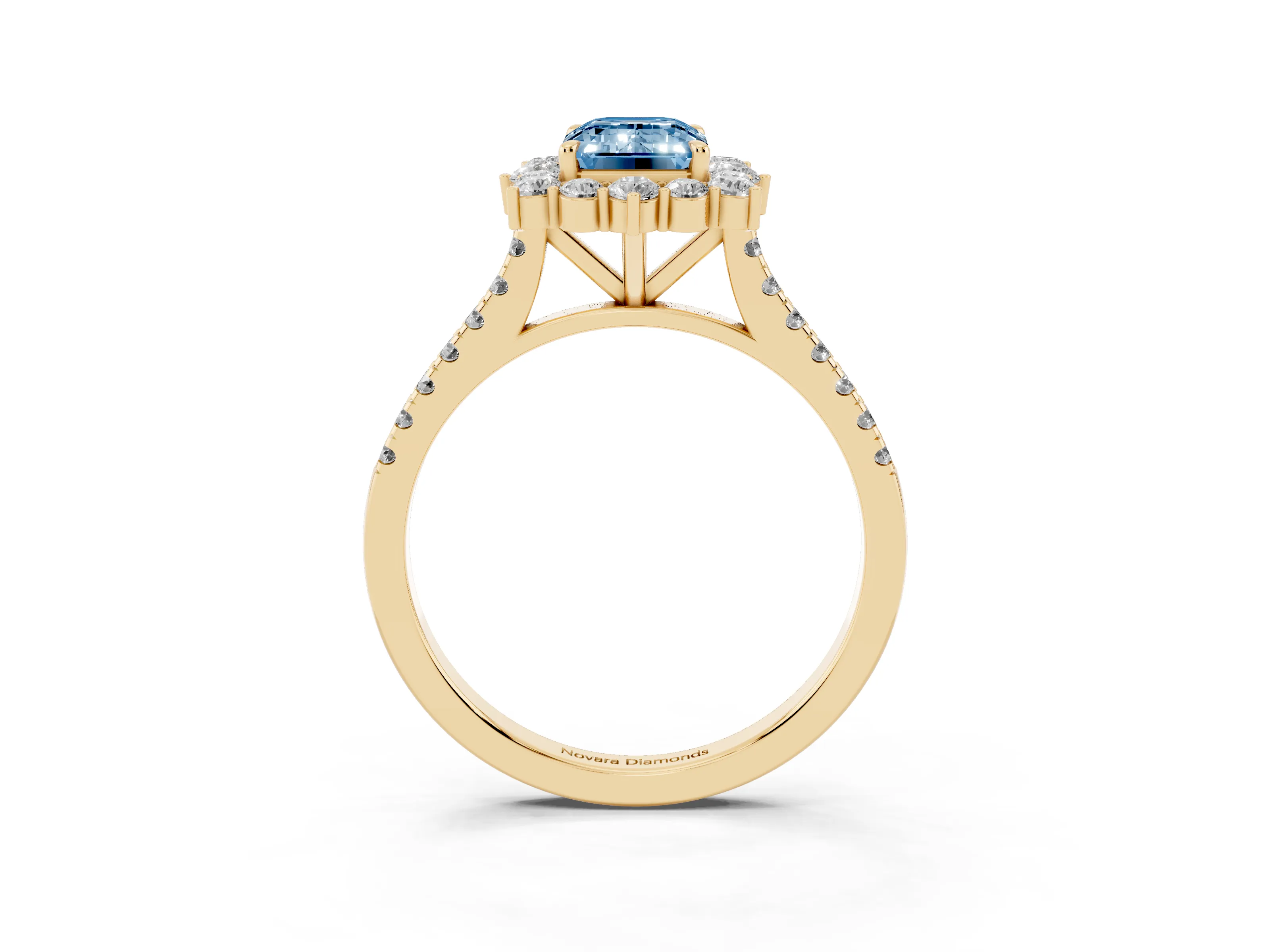 Fancy Blue Emerald Cut Diamond Halo Ring Set in Yellow gold with Pavé Band and Prong Setting