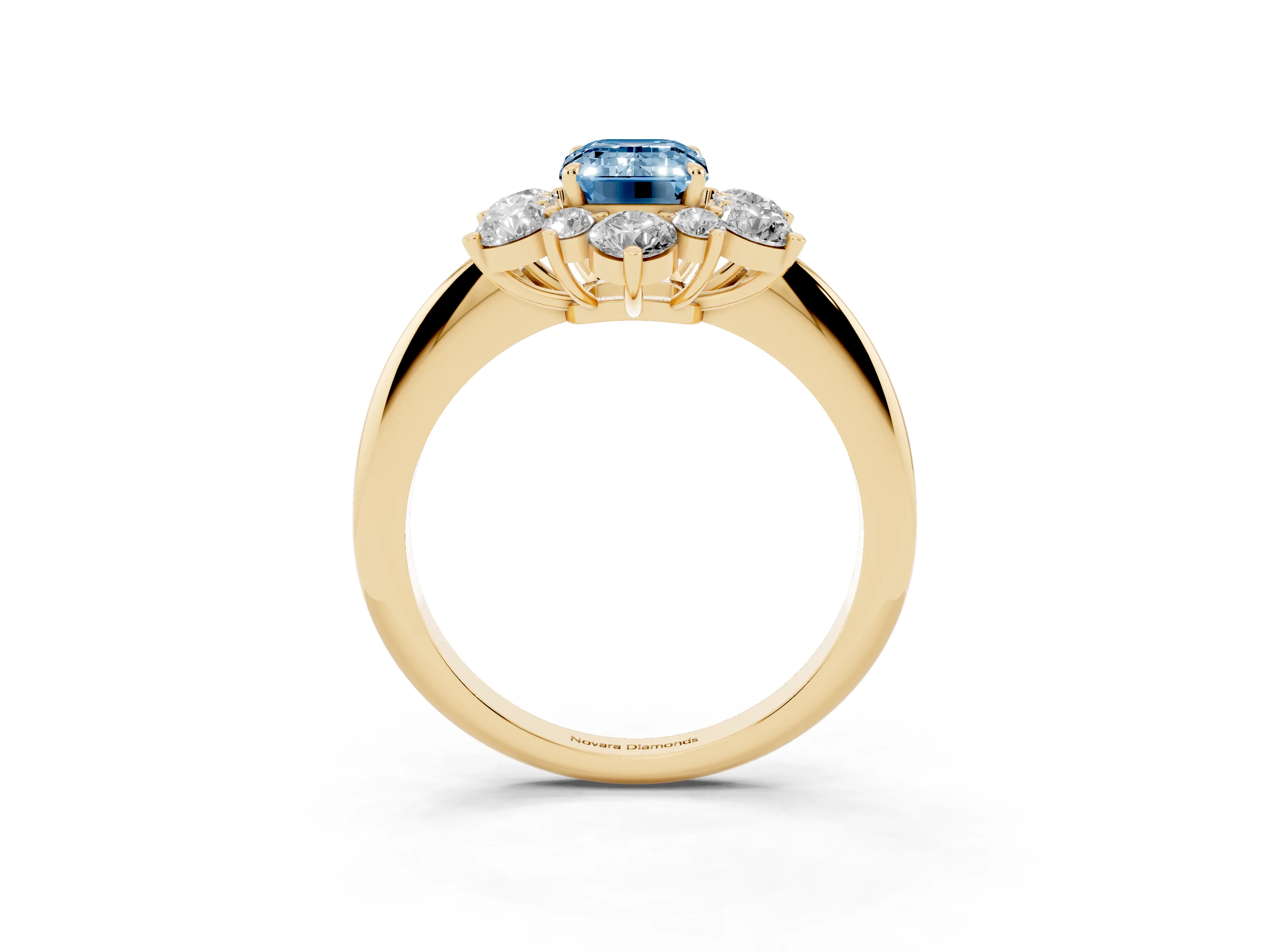 Fancy Blue Emerald Cut Diamond Cluster Halo Ring Set in Yellow gold with Solitaire Band and Prong Setting