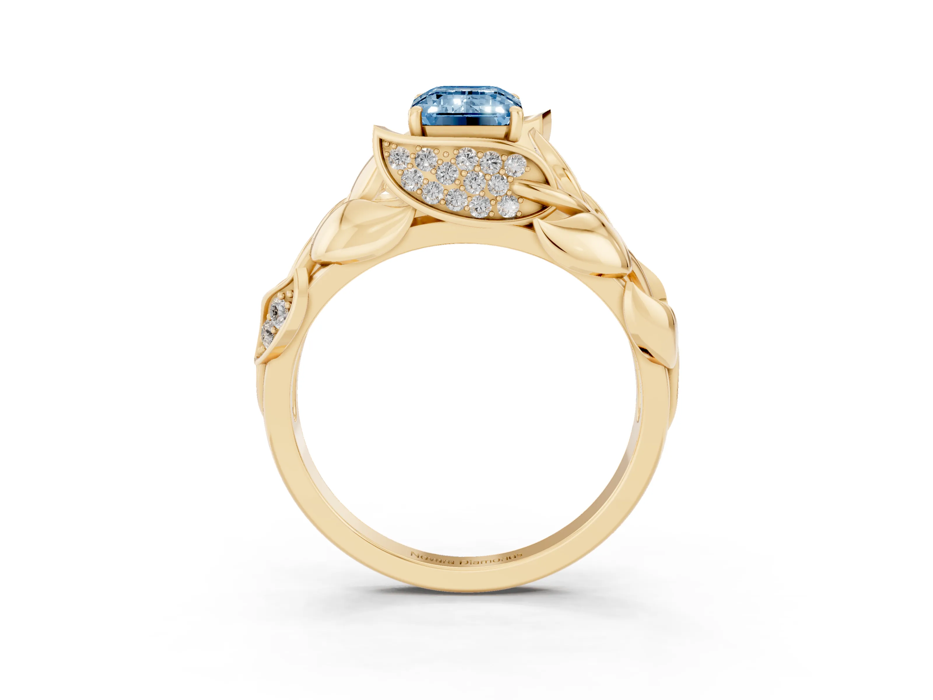 Fancy Blue Emerald Cut Diamond Leaf-Inspired Engagement Ring Set in Yellow gold with Round Accents