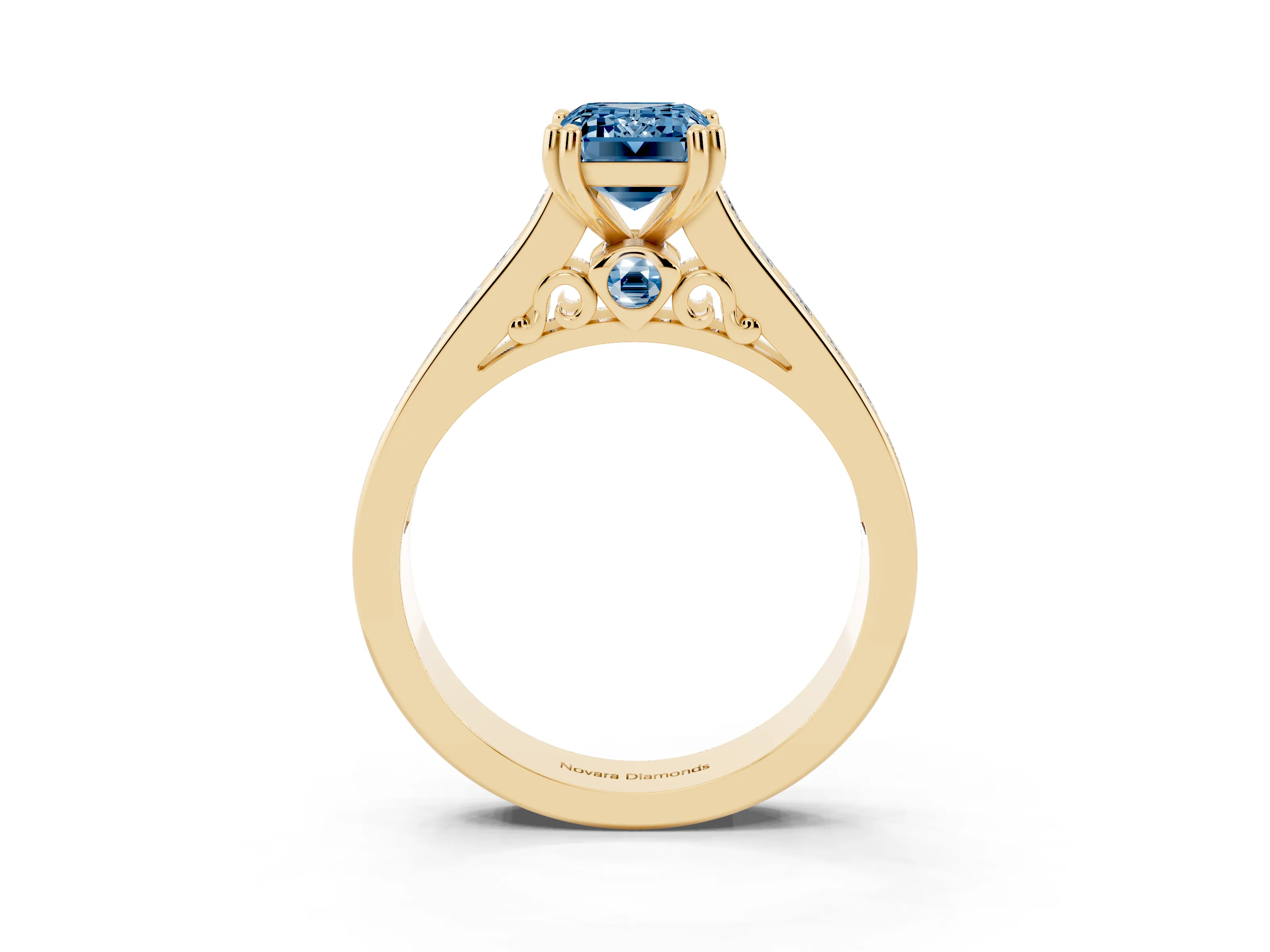 Fancy Blue Emerald Cut Diamond Channel Set Solitaire Engagement Ring Set in Yellow gold with Prong Setting