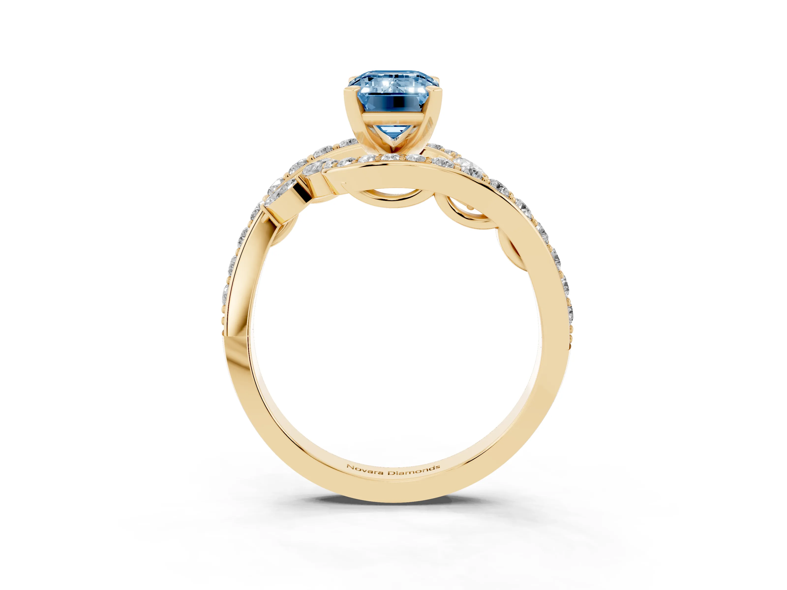 Fancy Blue Emerald Cut Diamond Solitaire Ring Set in Yellow gold with Pavé Twist Band and Secure Prong Setting