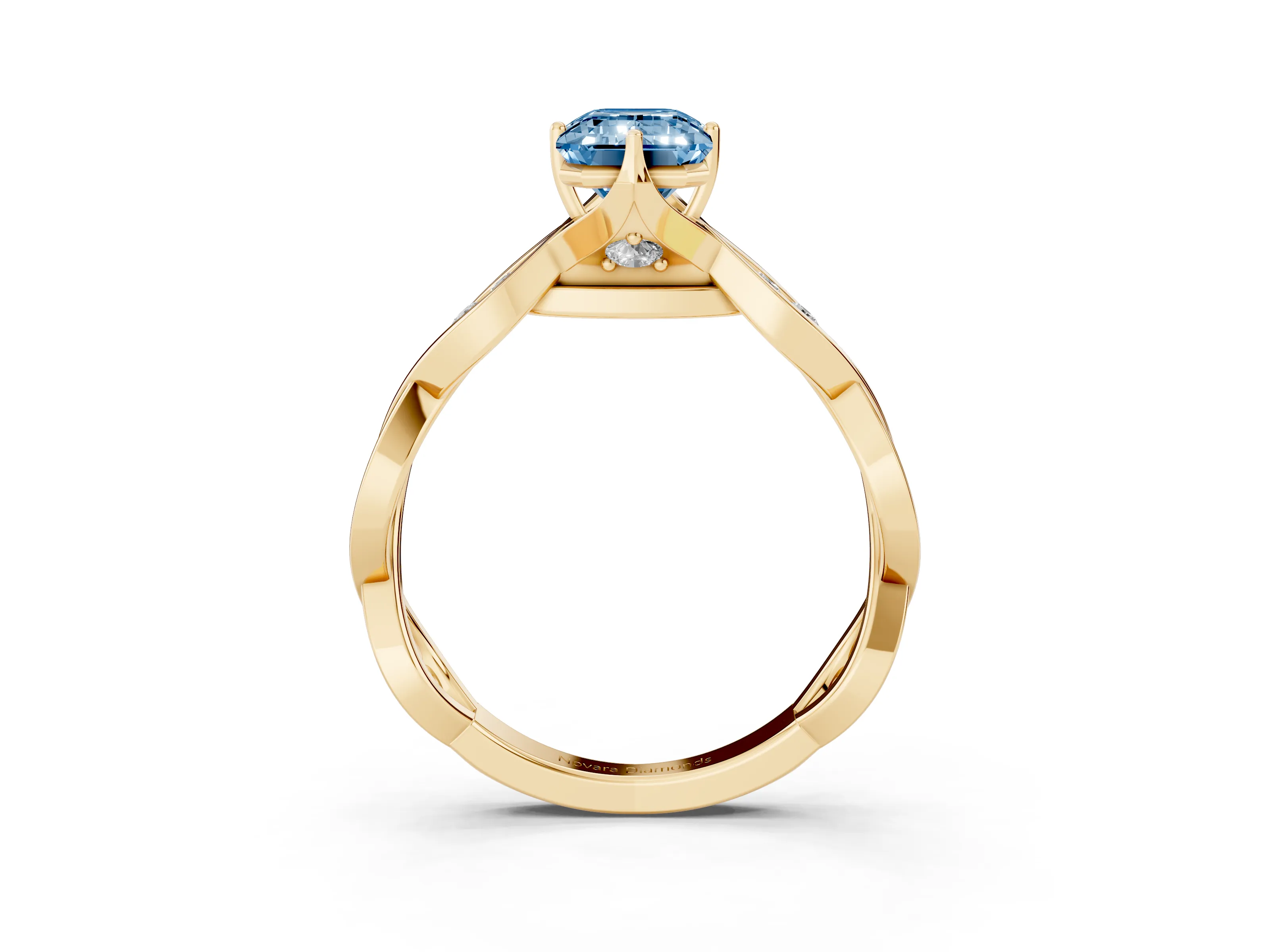 Fancy Blue Emerald Cut Diamond Twist Band Solitaire Ring Set in Yellow gold with Leaf Prong Setting and Accent Stones