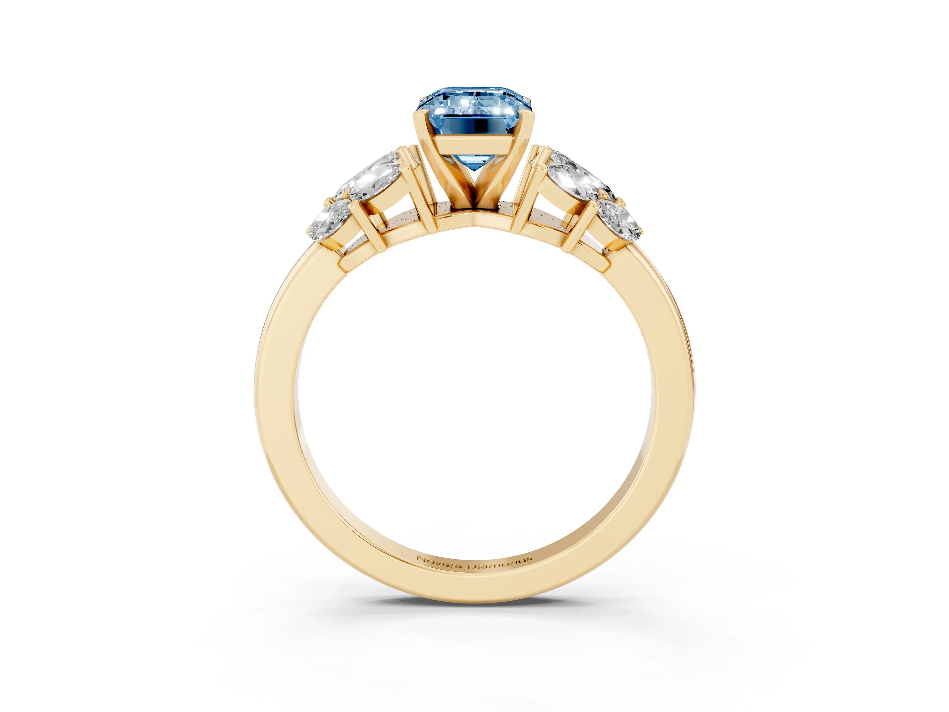 Fancy Blue Emerald Cut Diamond Cluster Leaf Design Ring Set in Yellow gold with Prong Setting