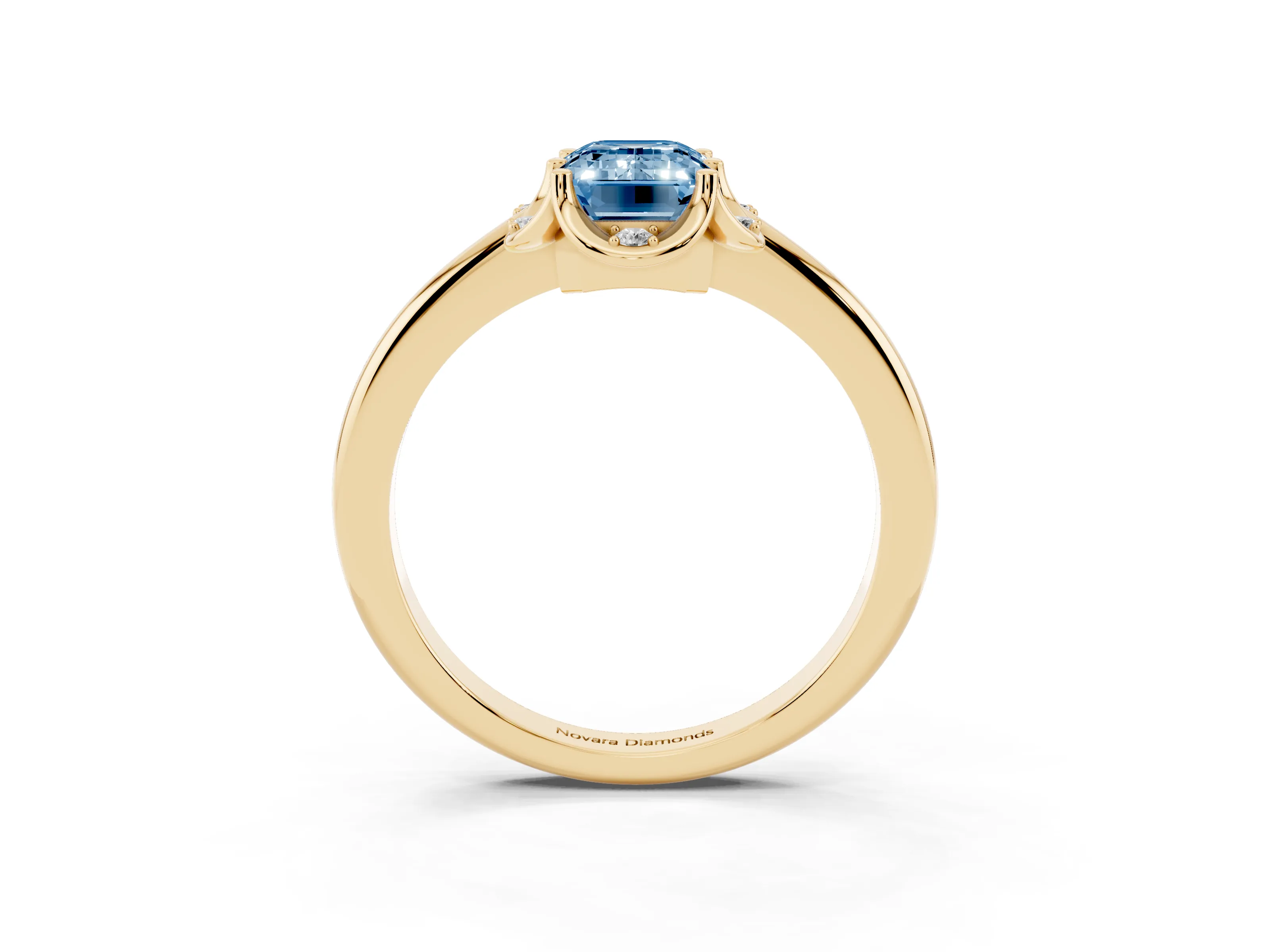 Fancy Blue Emerald Cut Diamond Round Cluster Halo Ring Set in Yellow gold with Solitaire Band and Prong Setting