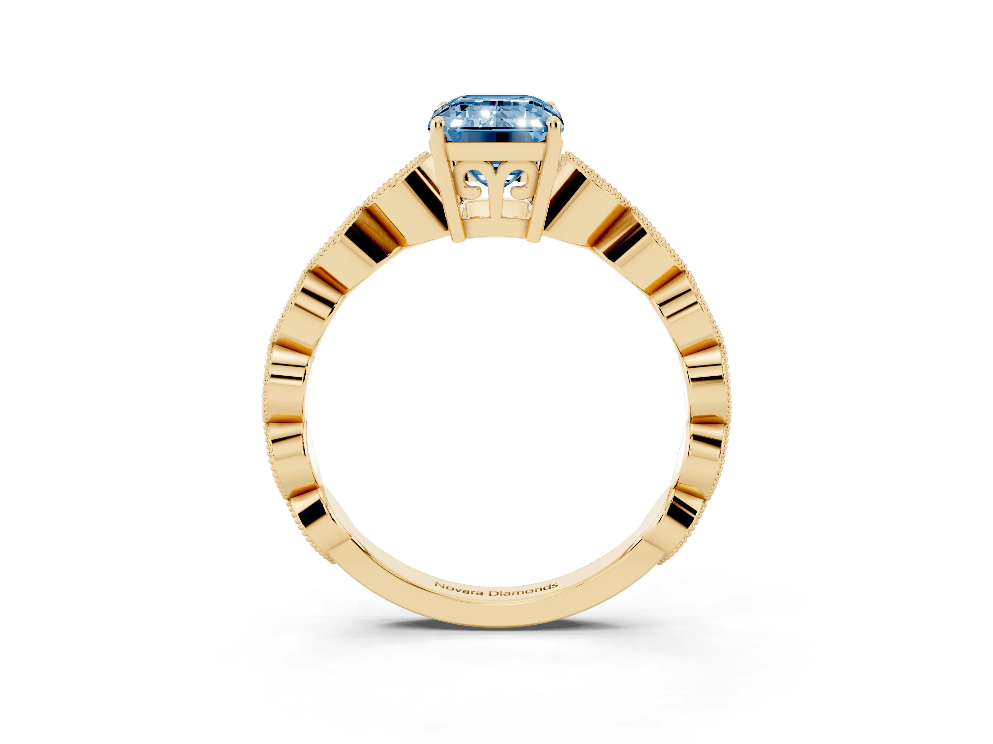 Fancy Blue Emerald Cut Diamond Solitaire Ring Set in Yellow gold with Infinity Twist Pavé Band