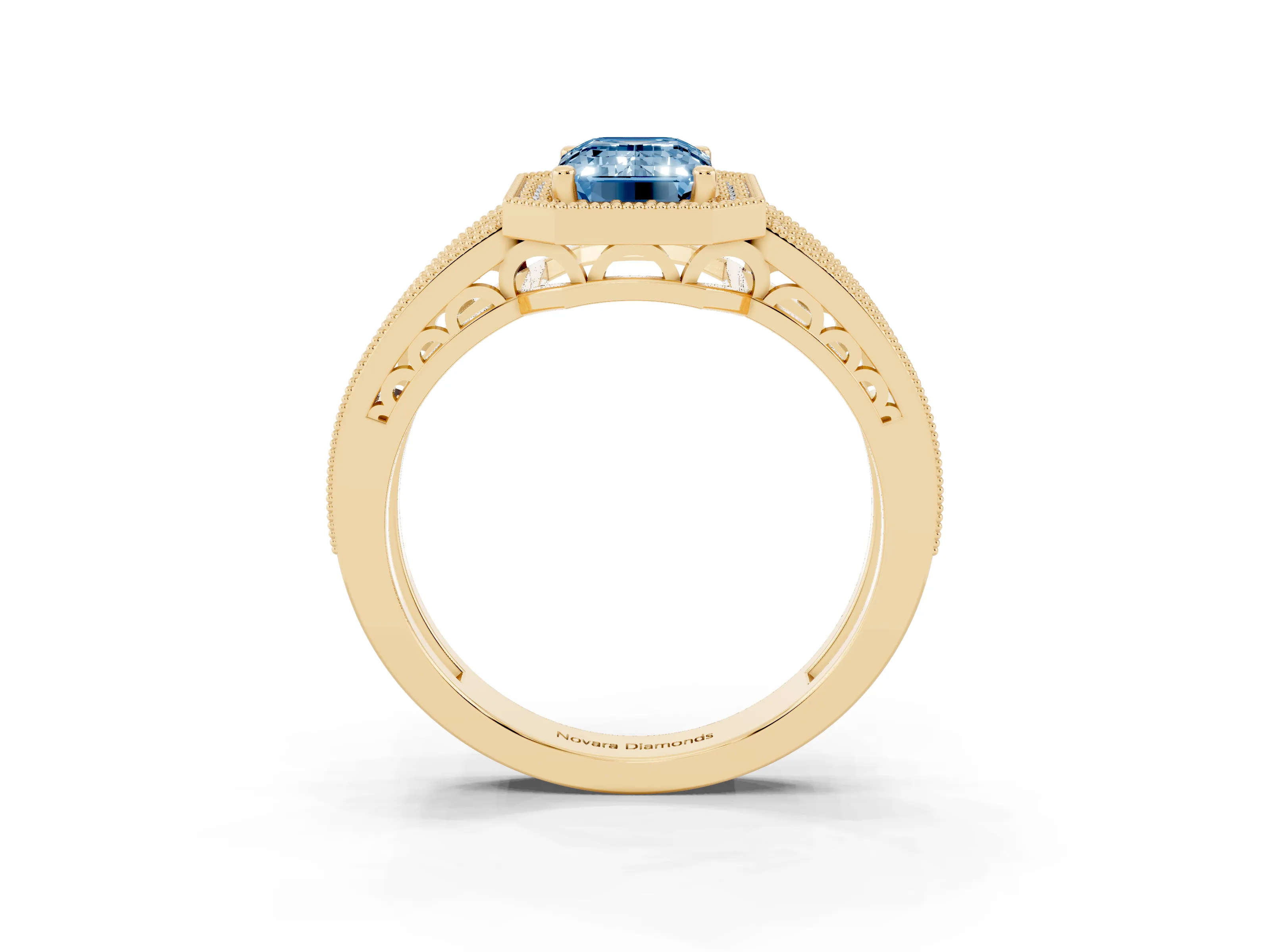 Fancy Blue Emerald Cut Diamond Halo Ring Set in Yellow gold with Accent Split Shank and Prong Setting
