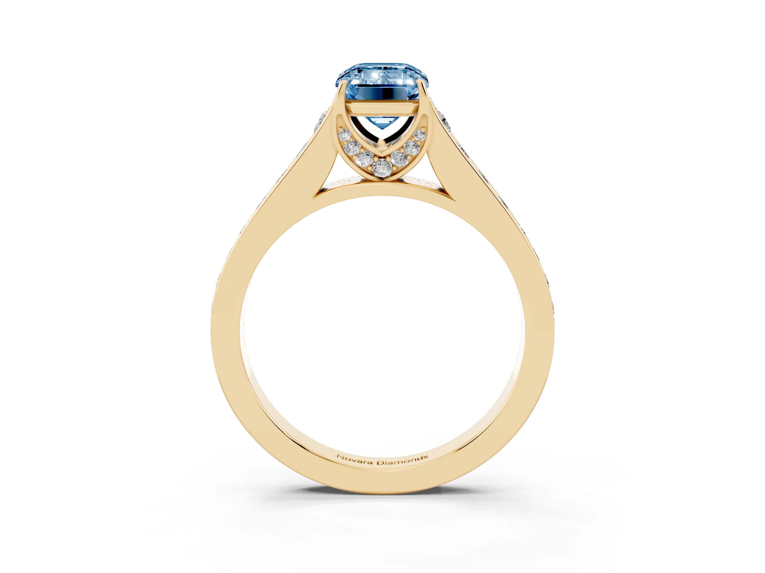 Fancy Blue Emerald Cut Diamond Solitaire Pavé Engagement Ring Set in Yellow gold with Prong Setting