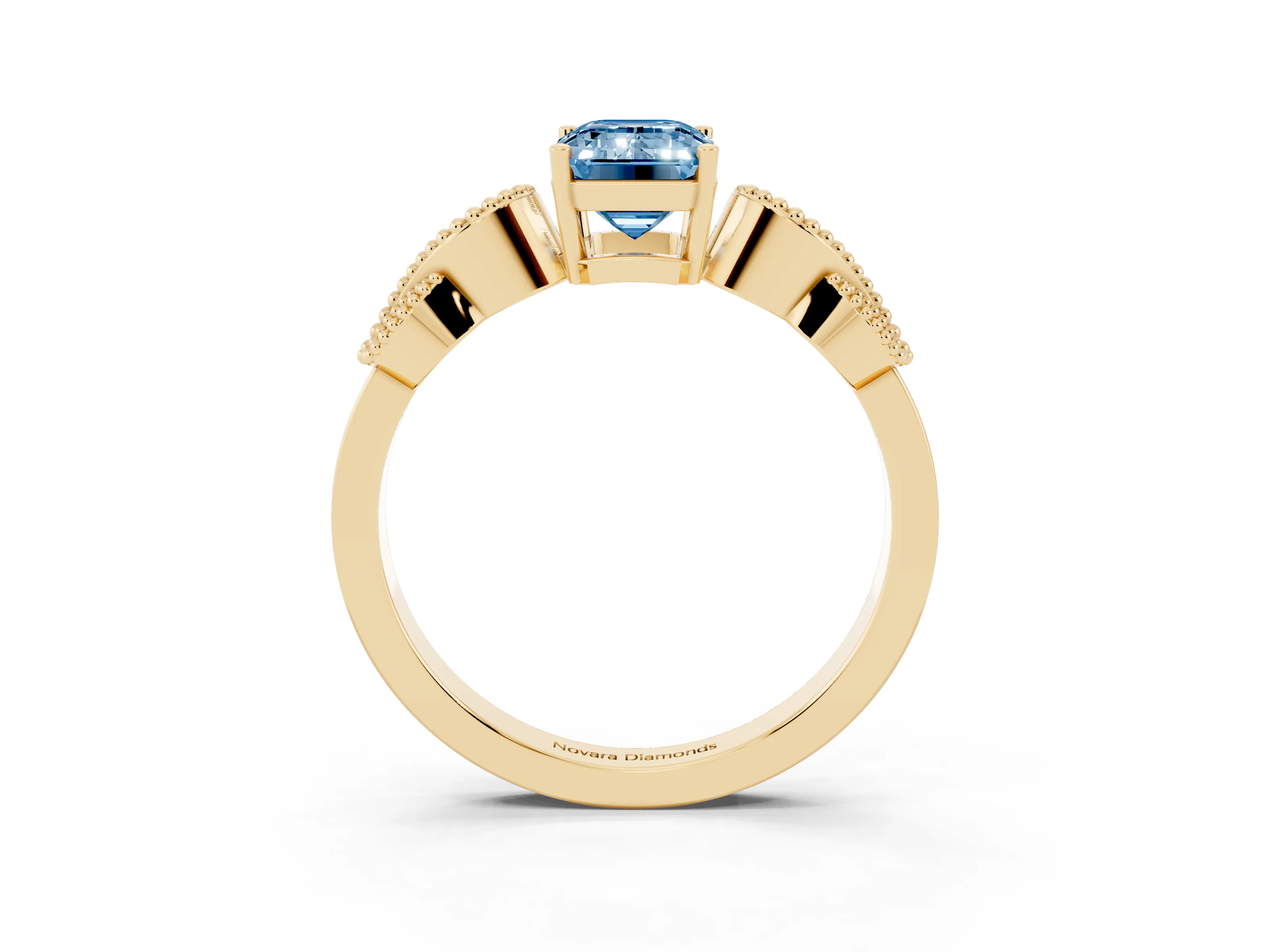 Fancy Blue Emerald Cut Diamond Milgrain Leaf Band Solitaire Ring Set in Yellow gold with Accent Stones and Prong Setting