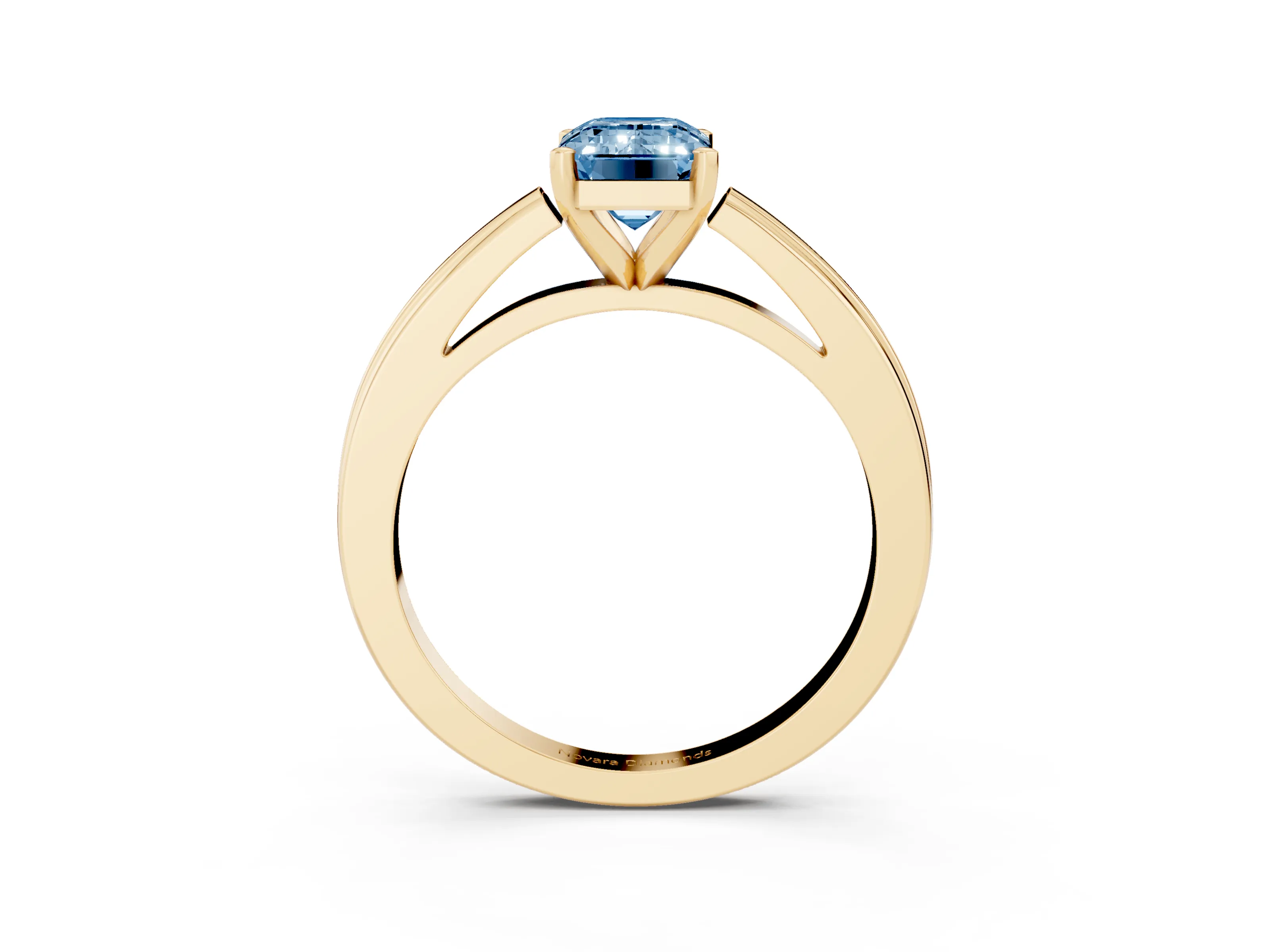 Fancy Blue Emerald Cut Diamond Solitaire Ring Set in Yellow gold with Prong Setting and Classic Band